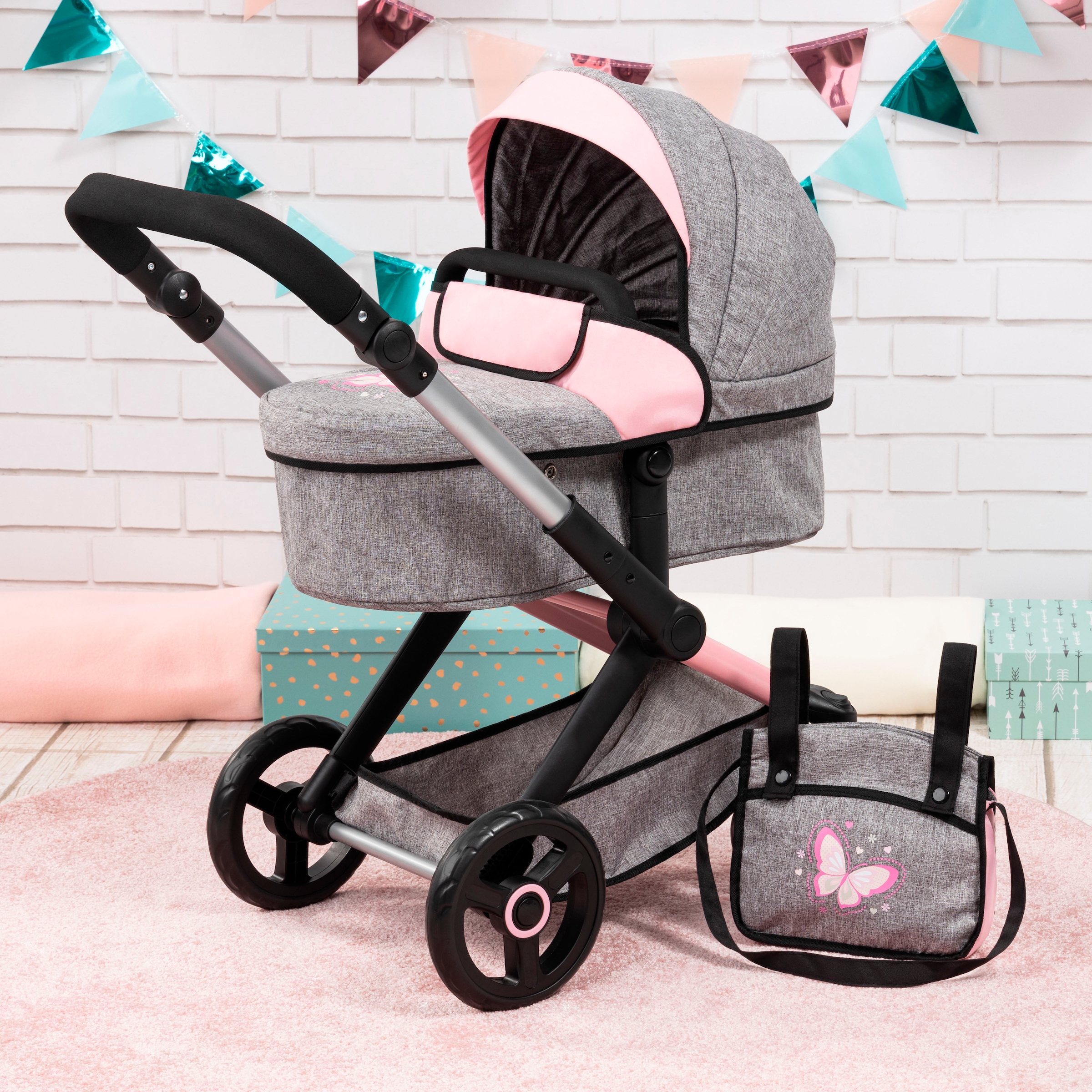 Bayer Kombi-Puppenwagen »Xeo, grau/rosa Schmetterling«