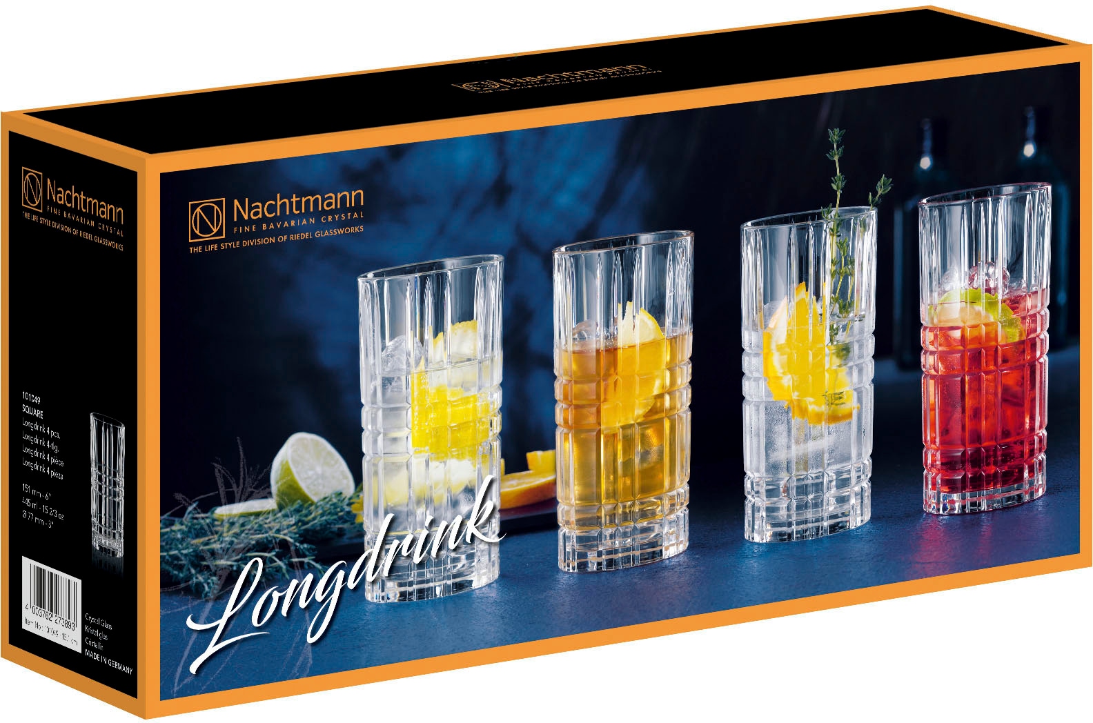 Nachtmann Longdrinkglas »Square«, (Set, 4 tlg.), Made in Germany, 445 ml, 4-teilig