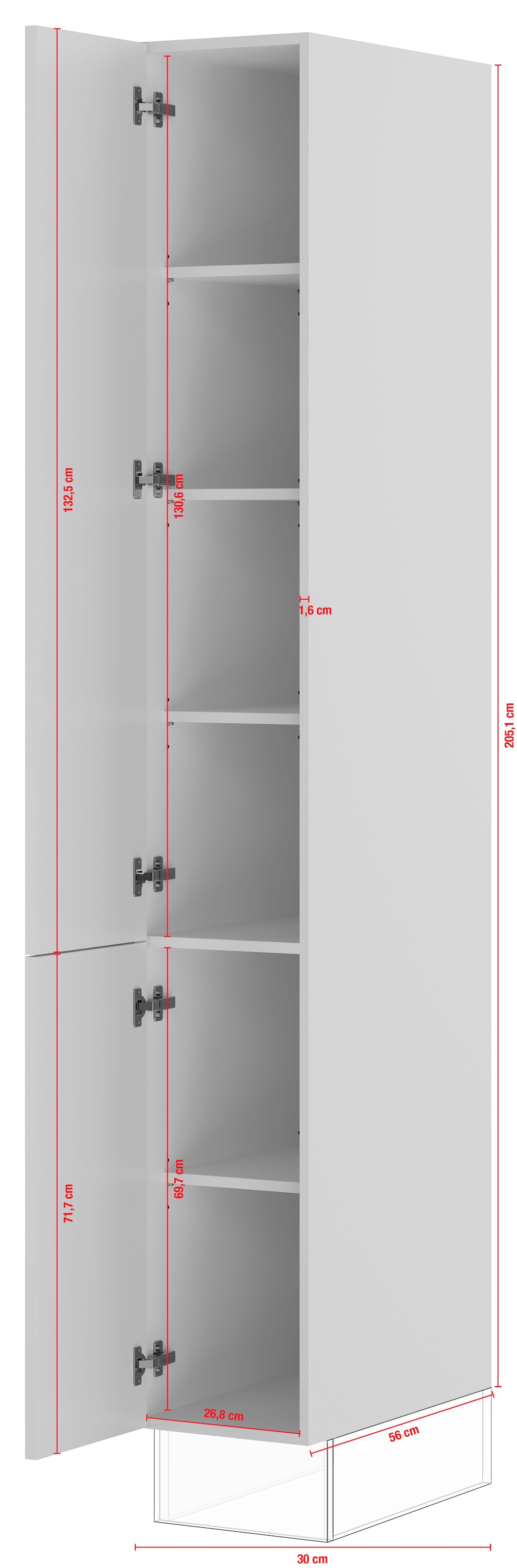 IMPULS KÜCHEN Seitenschrank »"Prag", Breite/Höhe: 30/205,1 cm«, vormontiert, mit Drehtüren, mit verstellbaren Fachböden