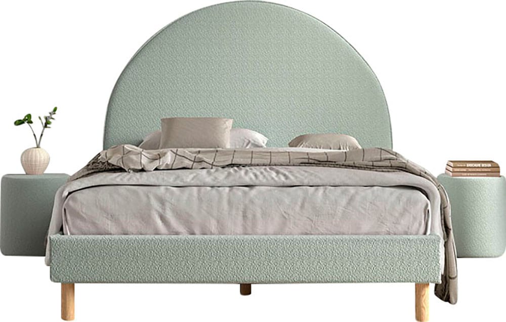Vipack Schlafzimmer-Set »Moon, best. aus Polsterbett 140/200 und 2 Hocker/Nachttische« B/H/T ca. 147x132x212cm, bogenförmiges Kopfteil, Füße Massivholz,  inkl. Lattenrost, Bezug flauschiger Bouclé Stoff, wahlweise 4 Farben