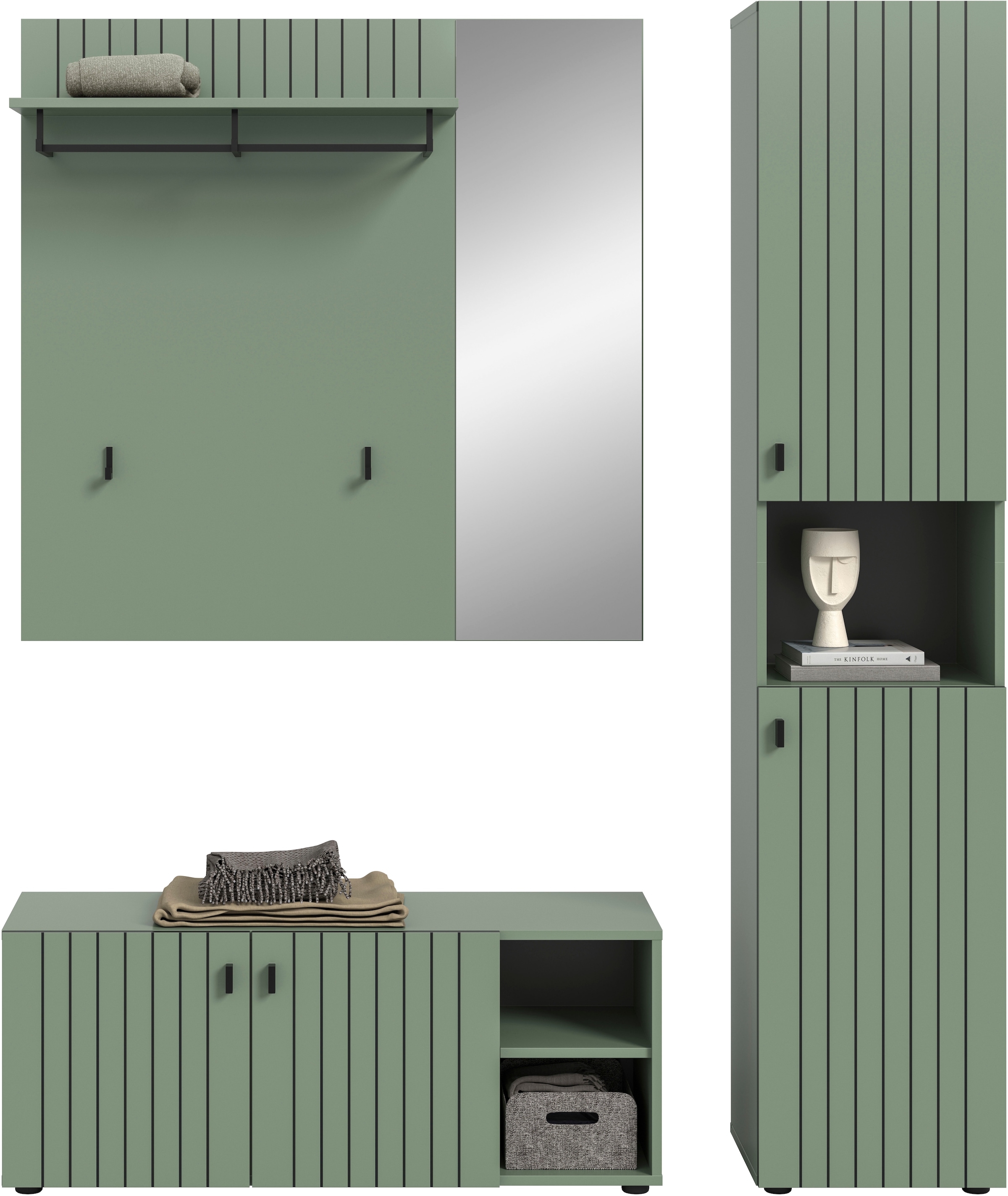 Home affaire Garderoben-Set »TATIO, 3-tlg. Garderobenkombination, Breite: 161 cm, Rillenfräsung« Set, Set, best. aus: 1 Garderobenschrank, 1 Sitzbank, 1 Spiegel, 3 Stk. tlg.