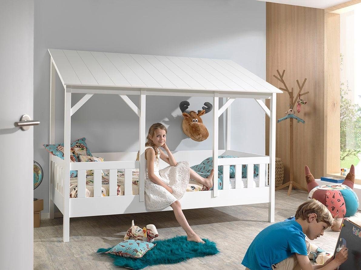 Vipack Kinderbett »Hausbett, aus MDF und Massivholz, Dach schwarz oder weiß« B/H/T ca. 214,2x174x105,3cm, inkl. umlaufende Umrandung,  wahlweise mit oder ohne Bettschublade auf Rollen