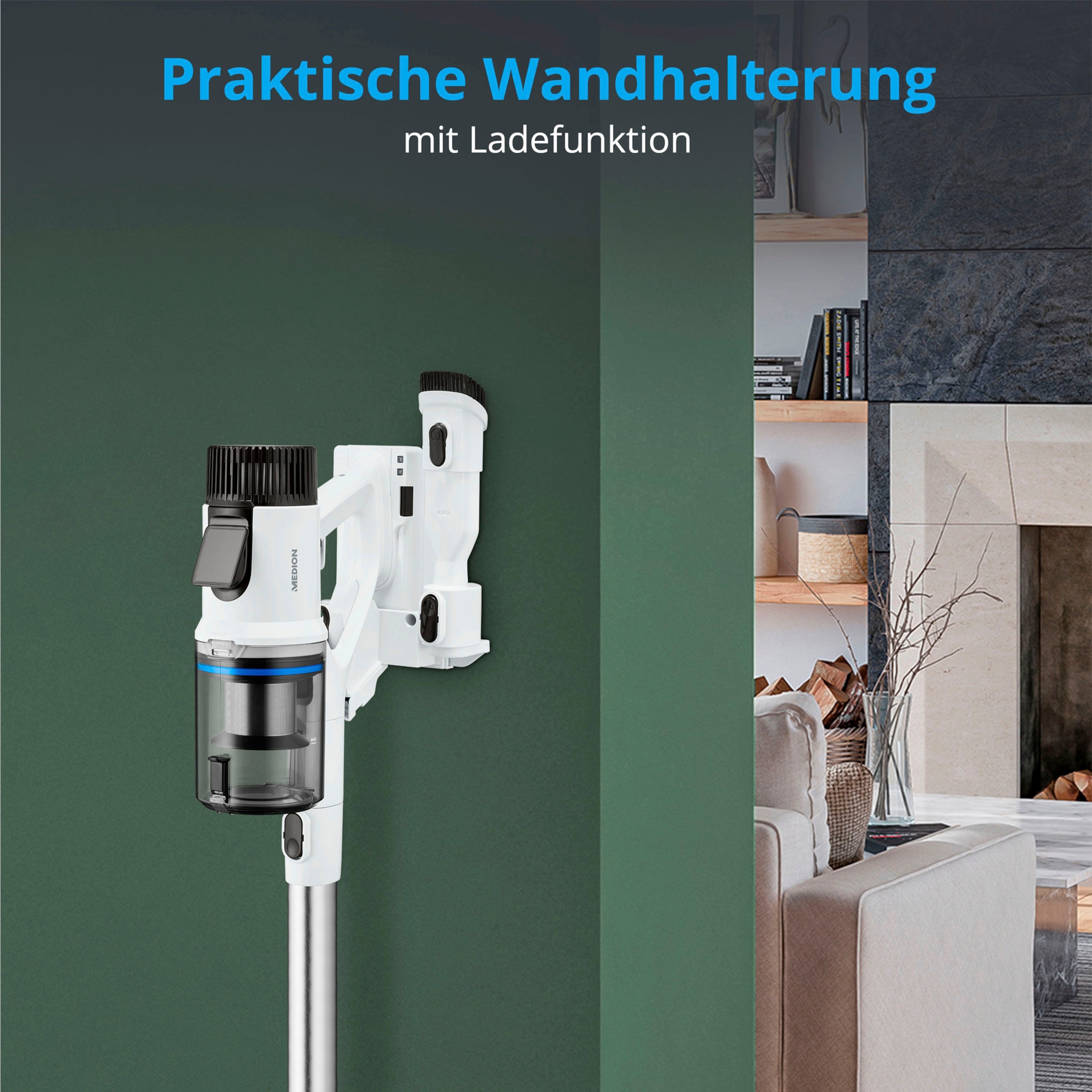 Medion® Akku-Stielstaubsauger »P350 W (MD 12049), beutellose Zyklon-Technologie, 24 kPa Saugleistung«, HEPA 13 Filter, LED-Touch-Display, Staubsensor, integriertes Zubehör