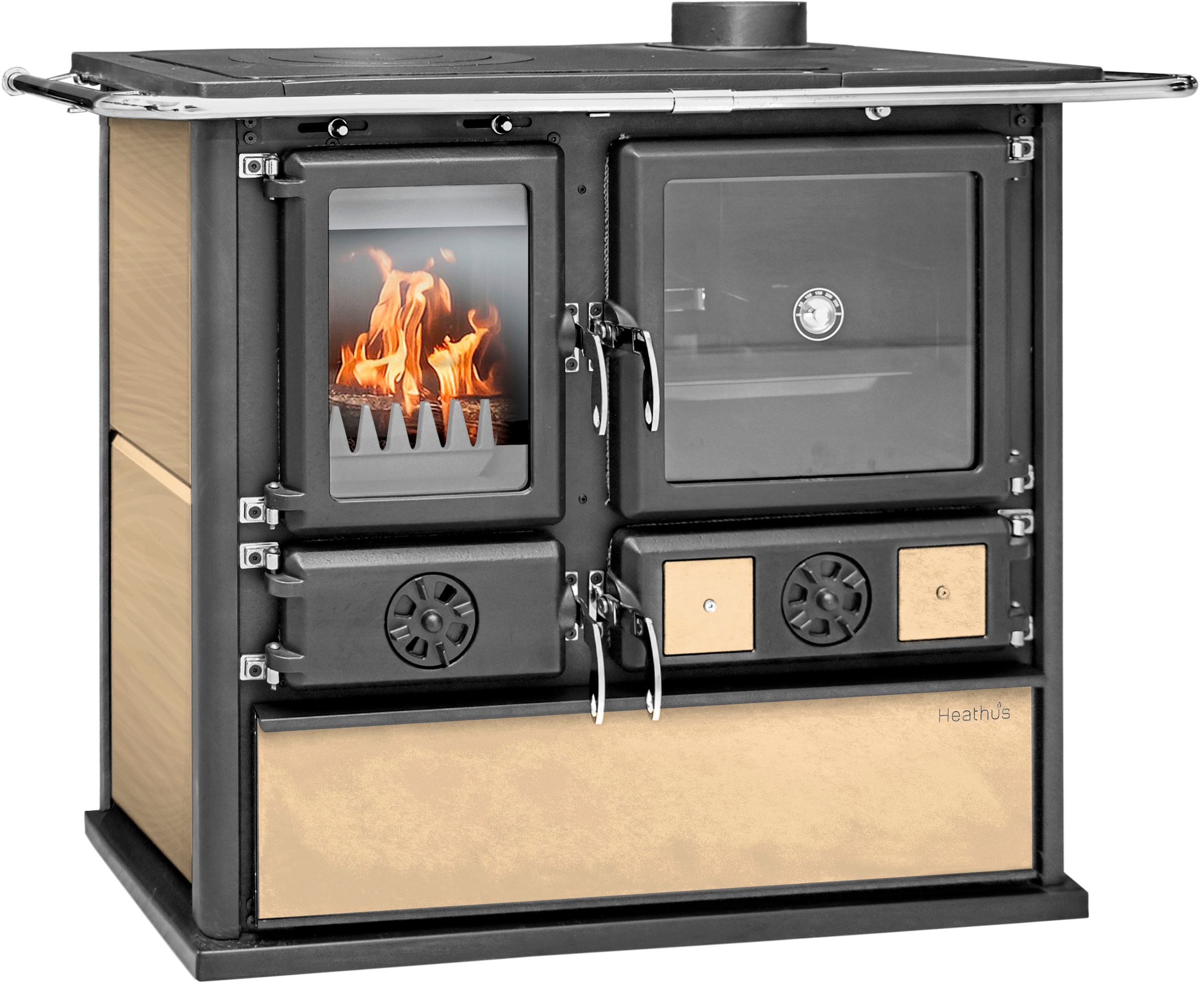Festbrennstoffherd »Heathus Küchenofen »Cook Premium« Beige« Ofenherd zum Heizen, Kochen & Backen, Schwarz, Kein zusätzlicher Feinstaubfilter 