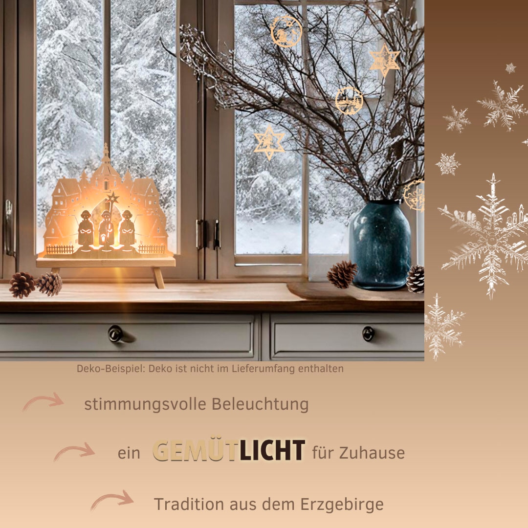 Weigla Lichterbogen »Dekoleuchte aus Holz mit Seiffener Kirche, NATUR, Made in Germany« 1 Stk. Erzgebirge garantiert, Weihnachtsdeko Innen, Weihnachtsbeleuchtung