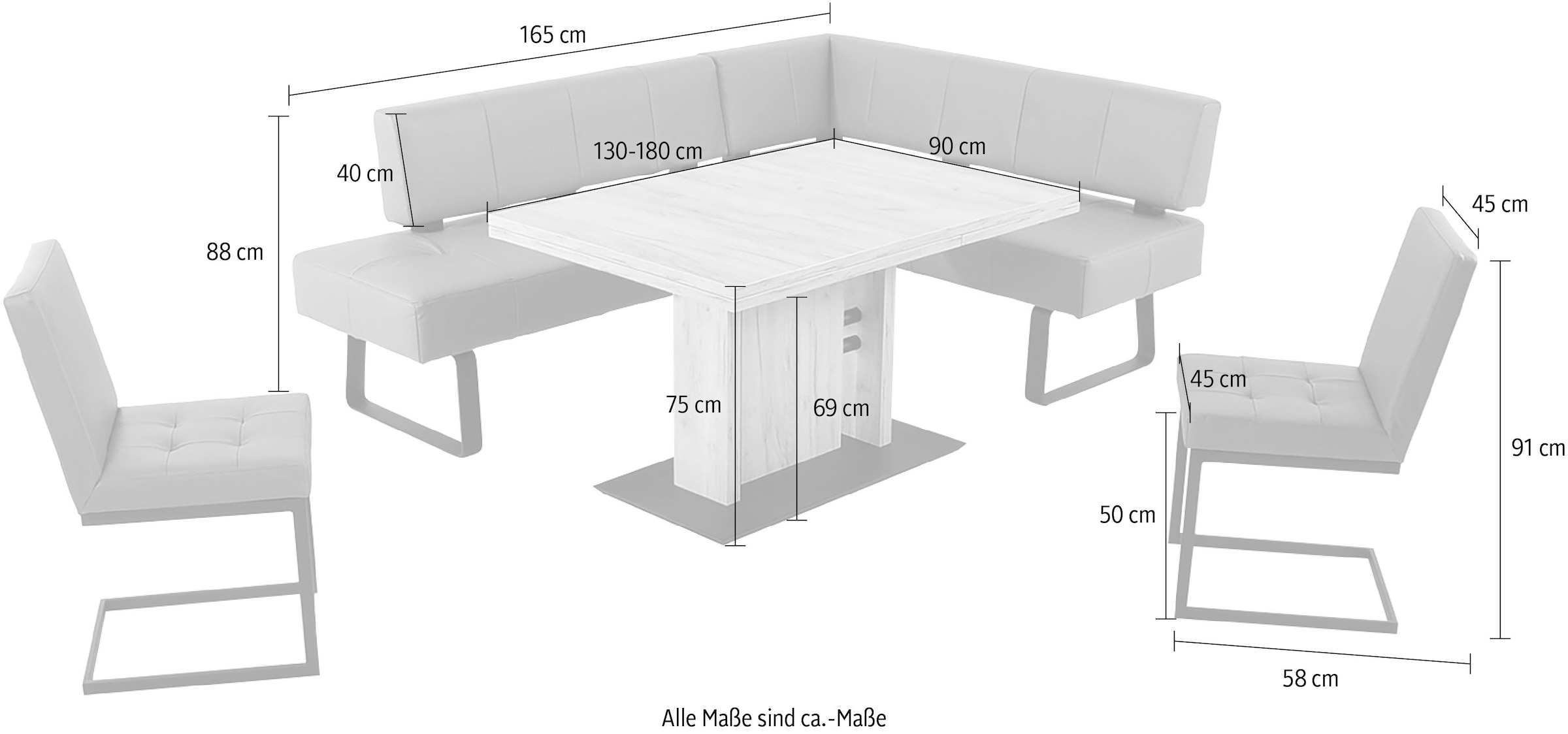 K+W Komfort & Wohnen Essgruppe »Spider II«, (4 tlg.), langer Schenkel wahweise in 2 Breiten, 2 Freischwinger, 1 Tisch