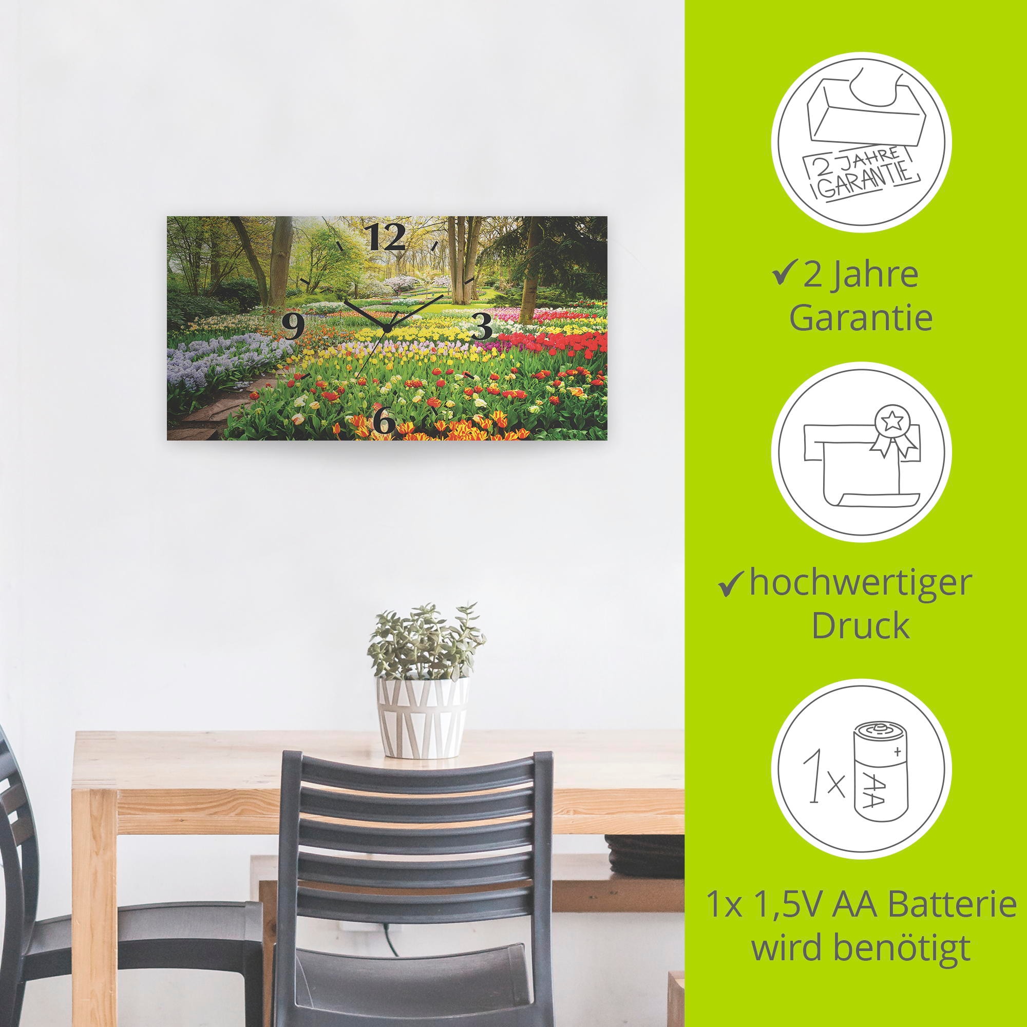 Artland Wanduhr »Tulpen Garten Frühling«, 3D Optik gebogen, mit Quarz- oder Funkuhrwerk, versch. Größen