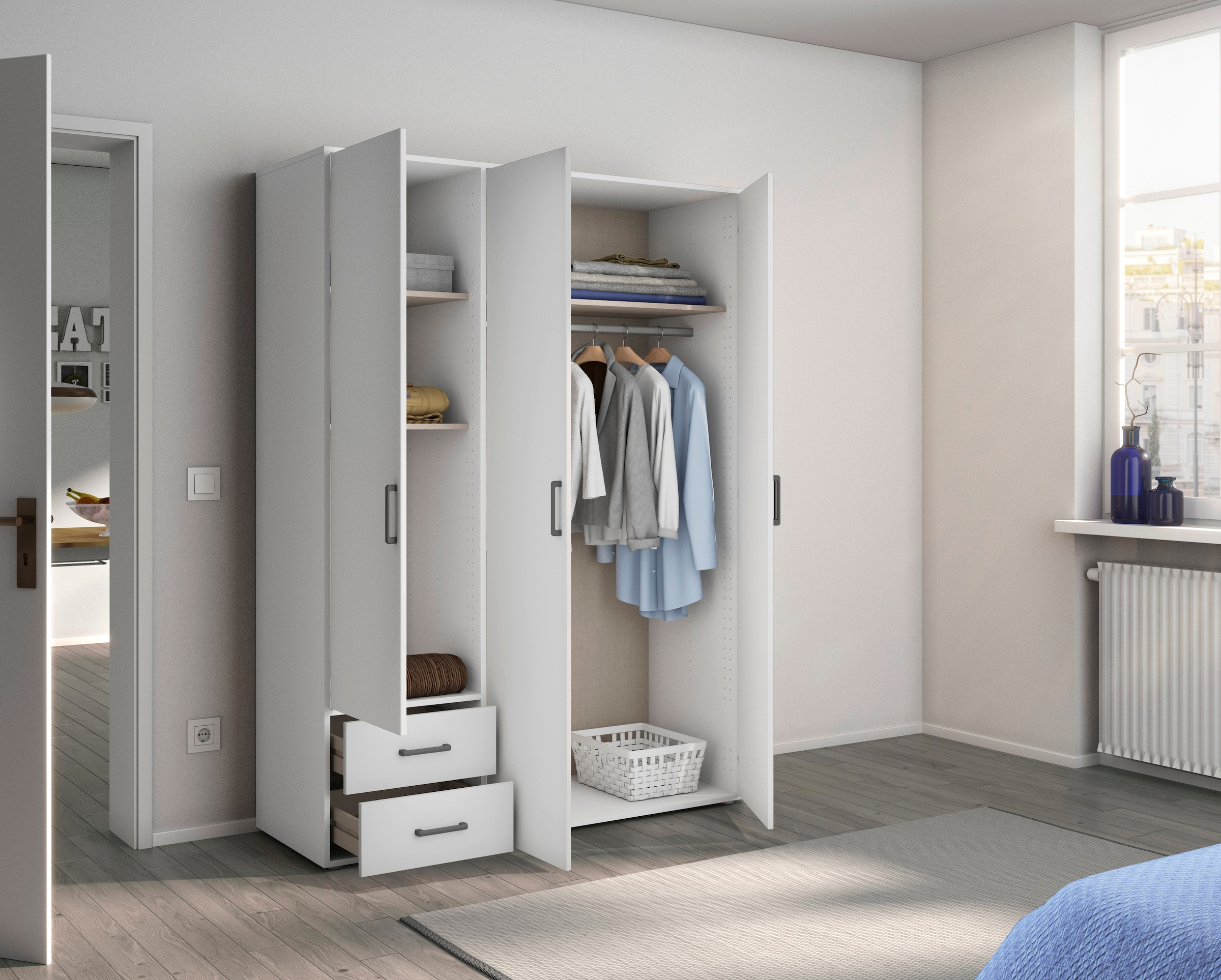 rauch Drehtürenschrank »Voyager, Kleiderschrank mit Außenschubkästen, Garderobe«, (in 3 verschiedenen Ausstattungen BASIC/CLASSIC/PREMIUM), Made in Germany