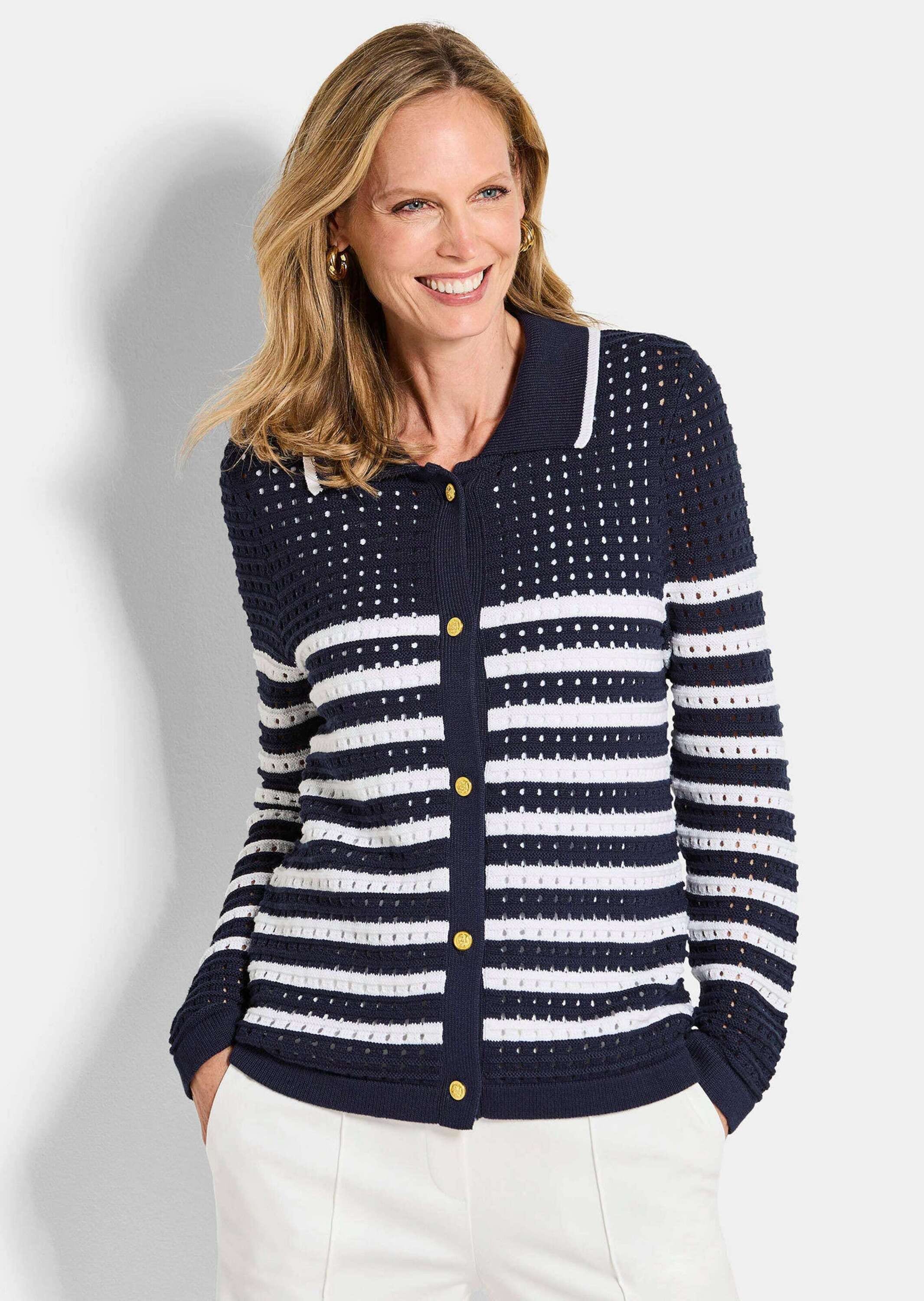 GOLDNER Strickjacke »Kurzgröße Polopullover mit Lochmuster« Lochmuster im Ringel, goldene Dekoknöpfe