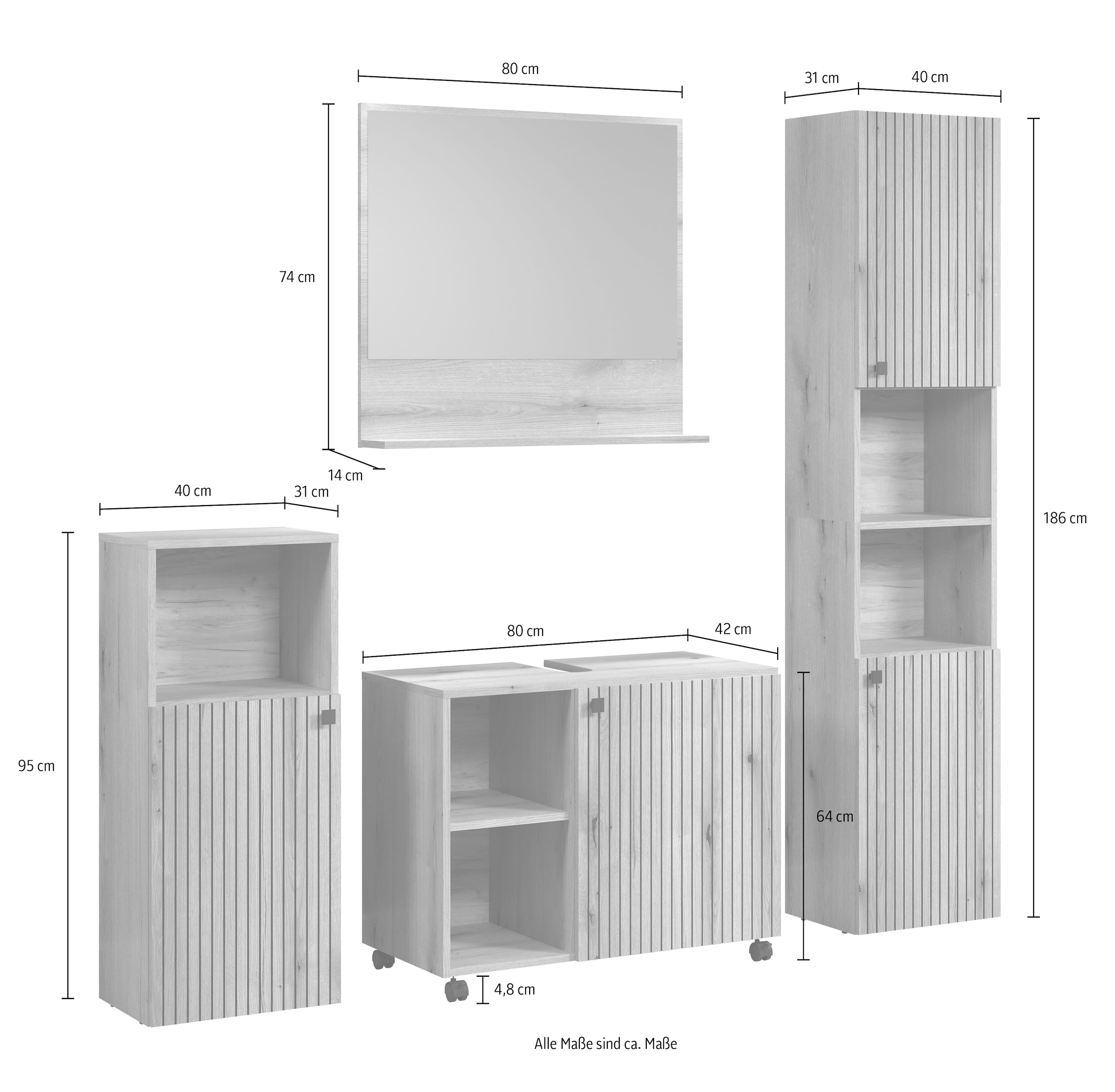 welltime Badmöbel-Set »Amrum Waschbeckenunterschrank Spiegel Hochschrank Badschrank«, (Komplett-Set, 4 St.), 4-teiliges Badmöbel-Set Eiche Rillenoptik - Maße (B/T/H) 180/42/186 cm