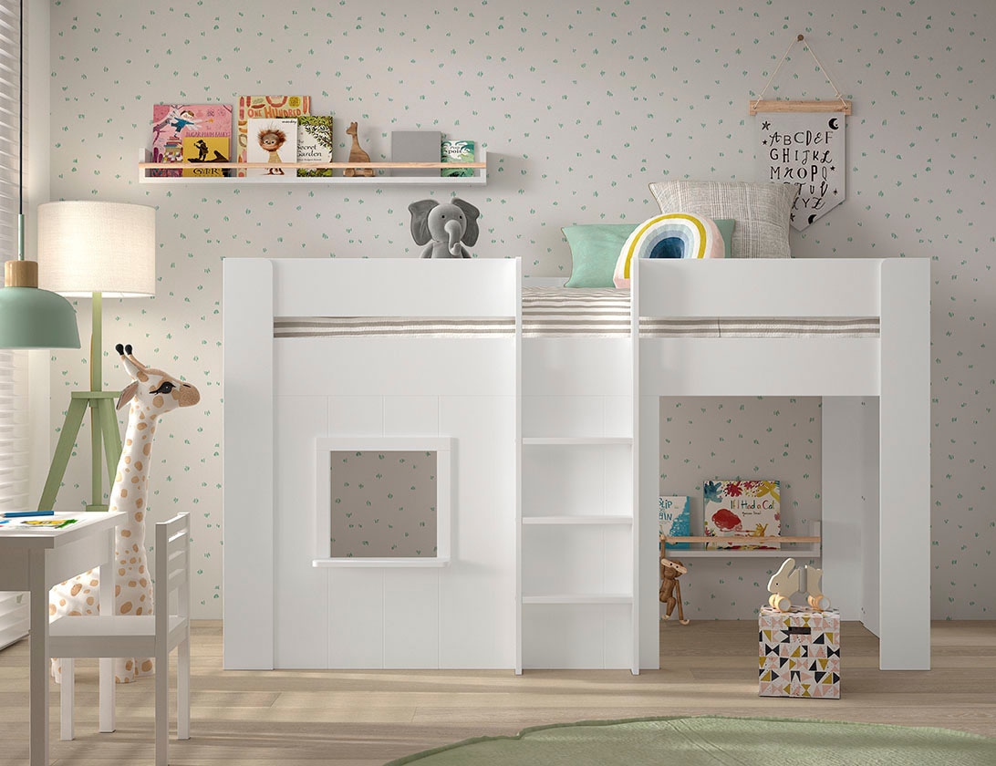 Vipack Hochbett »Reno«, (Made in Europe), in Hüttenoptik, LF 90x200 cm, m. LR, weiß lackiert