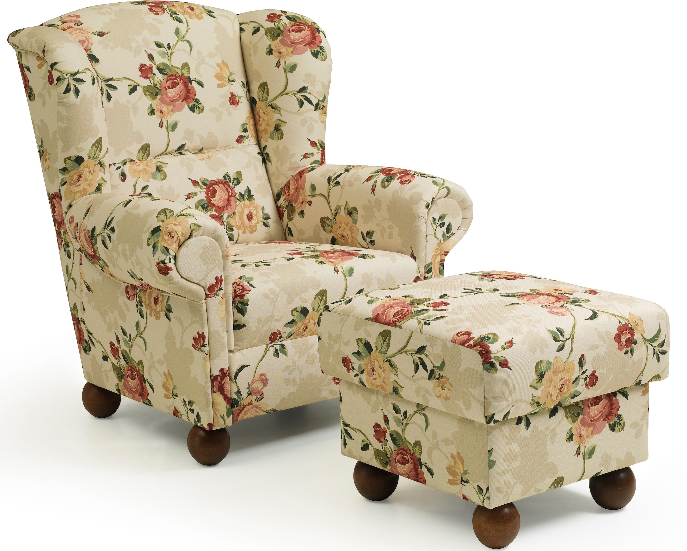 Max Winzer® Ohrensessel »Malmö, Hochlehnsessel Retro und modern, floraler Bezug, bequem«, Federkernunterfederung für hohen Sitzkomfort, mit Holz-Kugelfüßen
