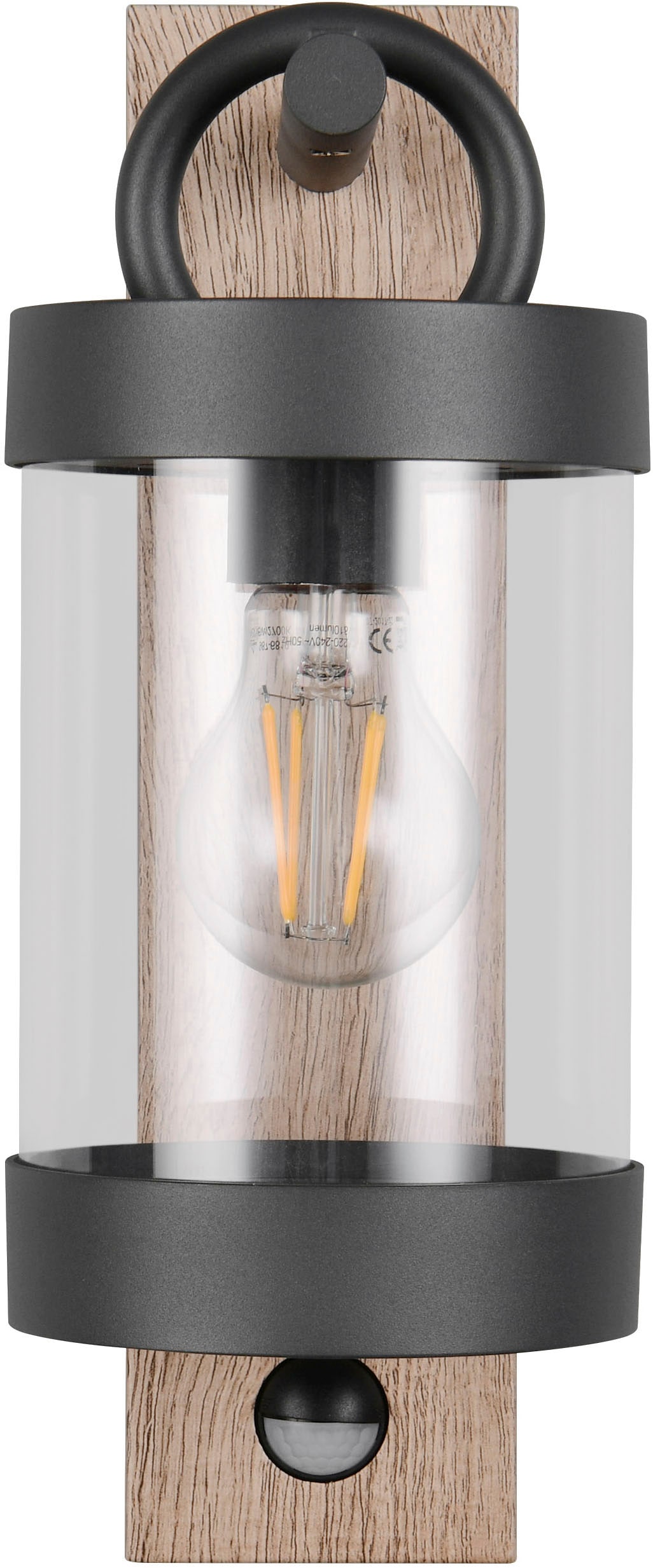 TRIO Leuchten Außen-Wandleuchte »SAMBESI, Laternen Optik Hauswand, exkl 1x E27 max 28W Bewegungsmelder« E27 1 Stk. warmweiß - kaltweiß Fassadenbeleuchtung aus Alu Druckguss, Rückenplatte Holz Nachbildung