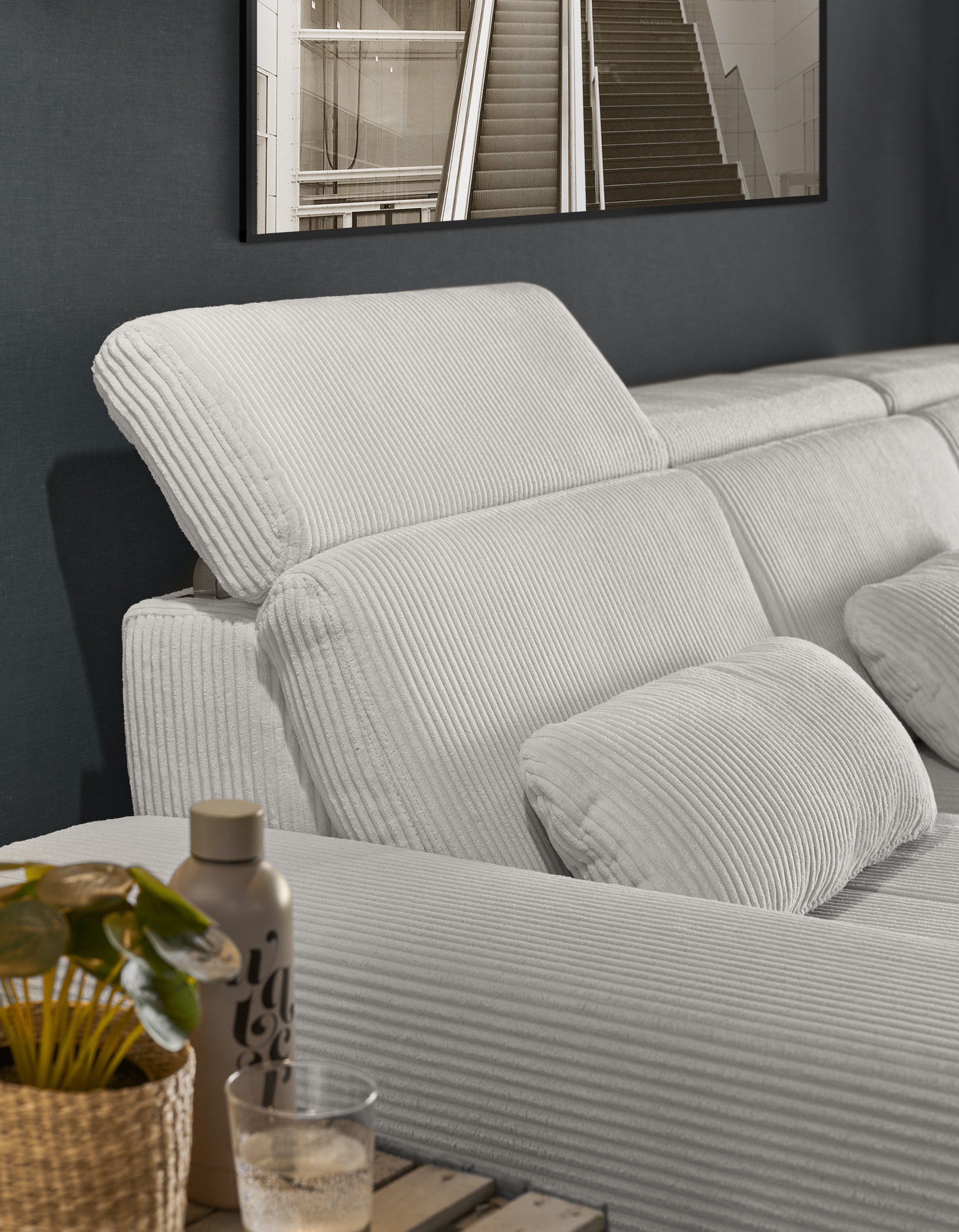 set one by Musterring Ecksofa »SO 3400 Sitzhöhe 47cm oder 49cm, Sitztiefe verstellbar, B/T: 307/195cm«, Kopteil verstellbar, mit Bettfunktion, in Cord, silver, Sitzhöhe 47