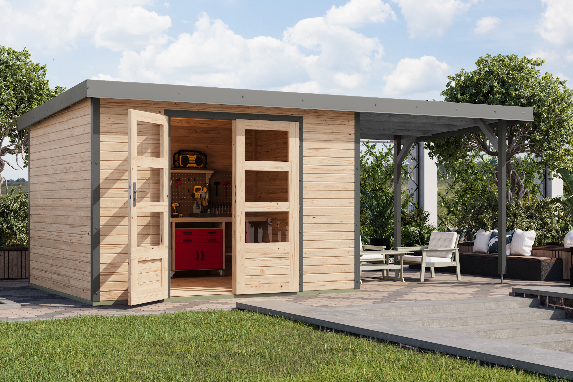 Karibu Gartenhaus »Jupiterino 5  SET, in verschiedenen Farben« inkl. Anbaudach