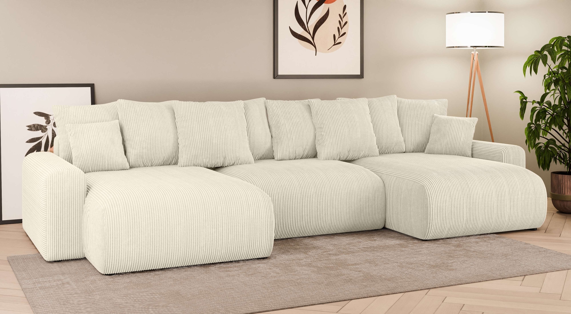 Home affaire Wohnlandschaft »LAKESIDE mit Bettfunktion und Bettkasten, Maße B/T/H: 332,5/142/84 cm«, U‑Form mit vielen Kissen und Wellenunterfederung