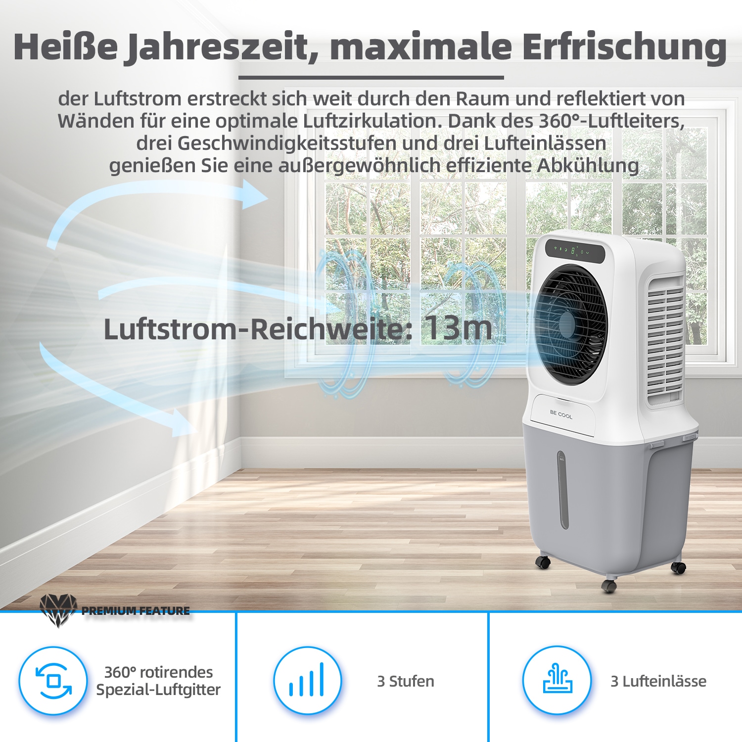 be cool Ventilatorkombigerät »Premium Luftkühler 25l mit Wifi und abnehmbarem Tank«, abnehmbarer Wassertank, Spezial Vortex Rotor, WiFi