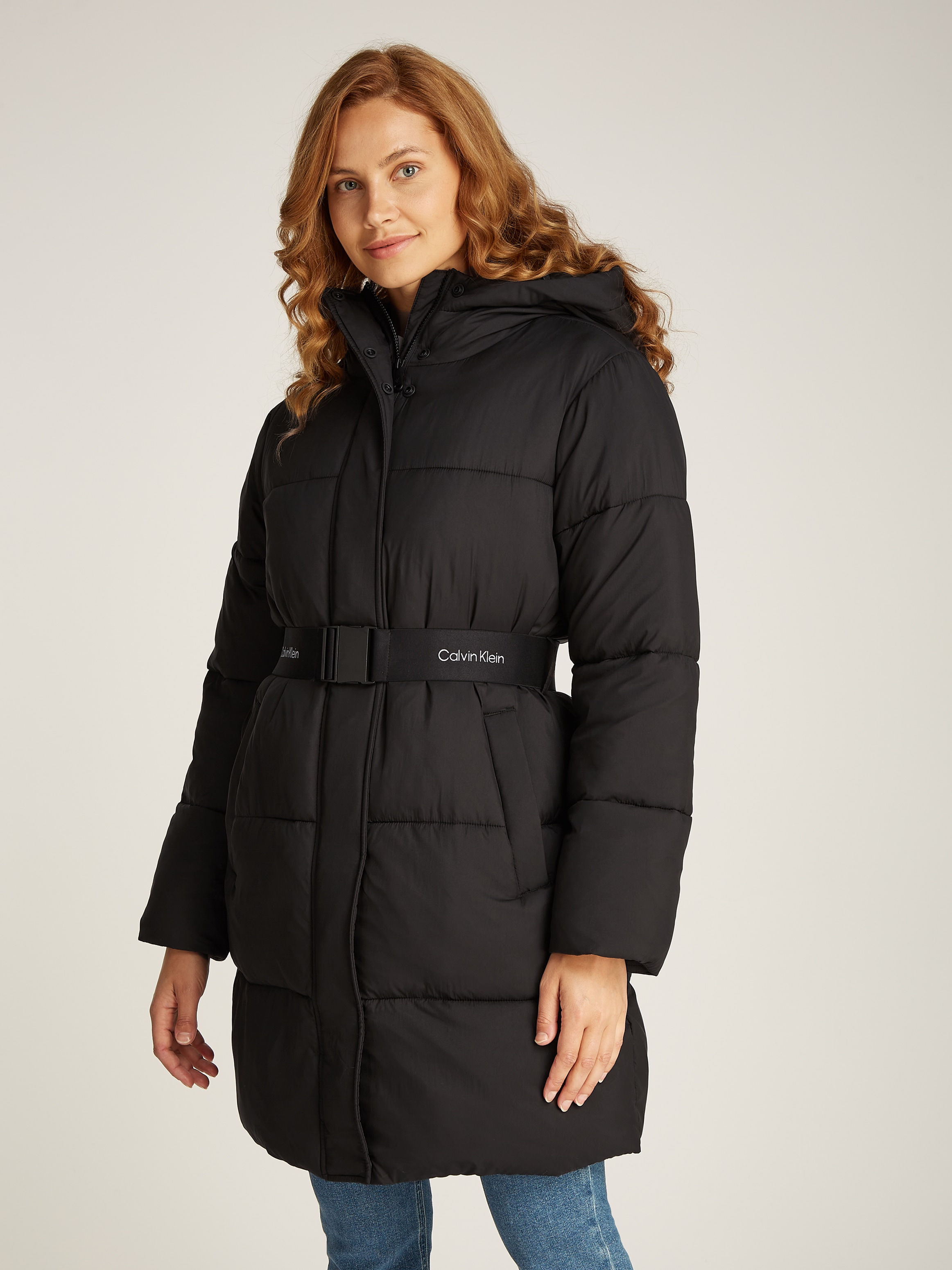 Steppjacke »LOGO BELT LONG PUFFER«, mit Kapuze, mit Gürtel