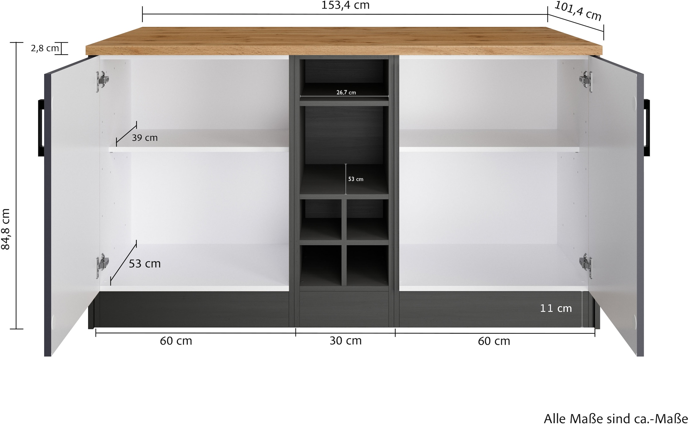 KOCHSTATION Kücheninsel »KS-Toronto«, Breite 153 cm, MDF-Fronten, Flaschenregal