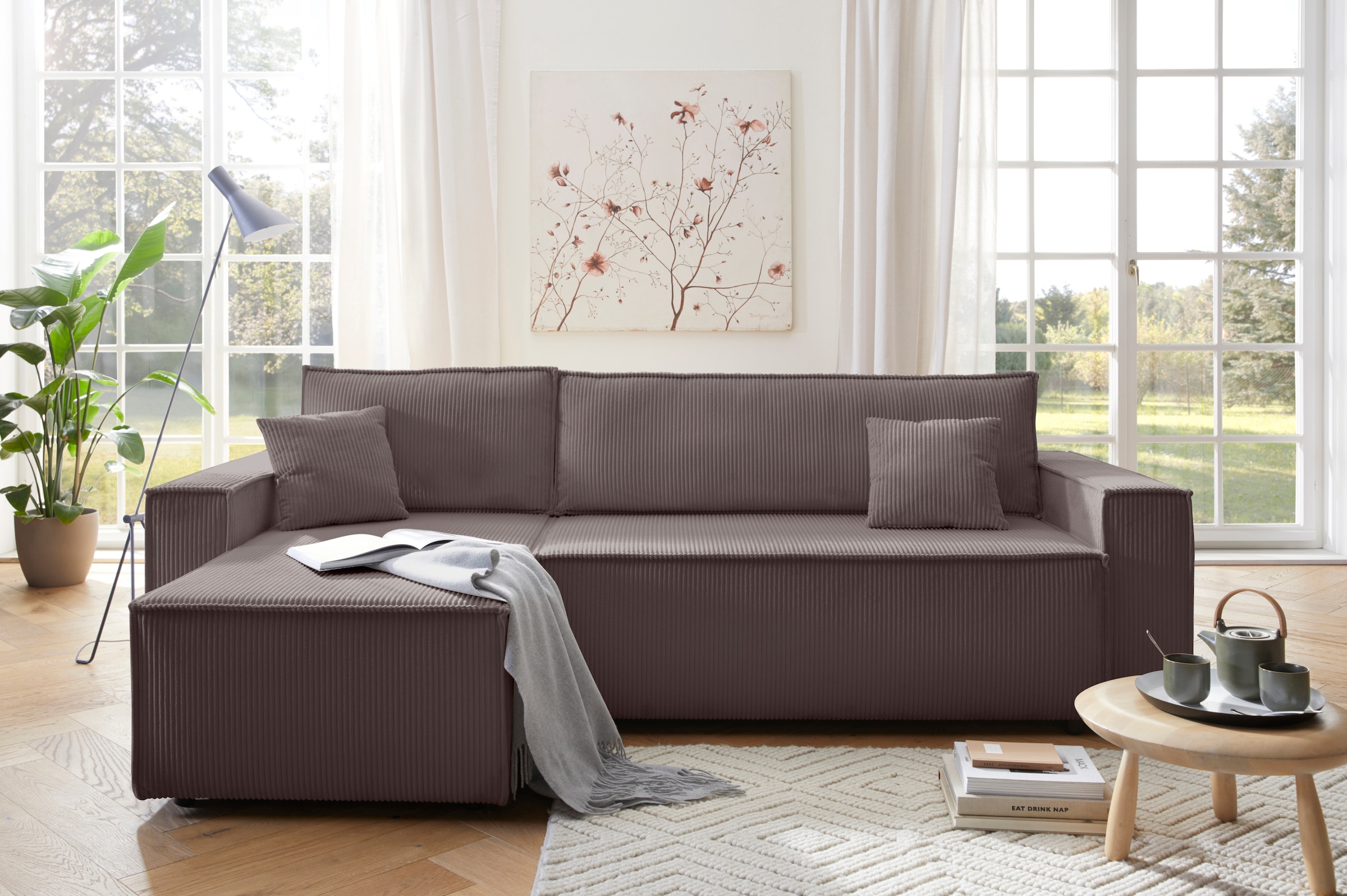 OTTO home Ecksofa »CASSI, 241cm, L-Form, Schlafsofa, Dauerschläfer, Boxspringfederung«, Schlaffunktion (133/200),Bettkasten, Recamiere links/rechts, Cord