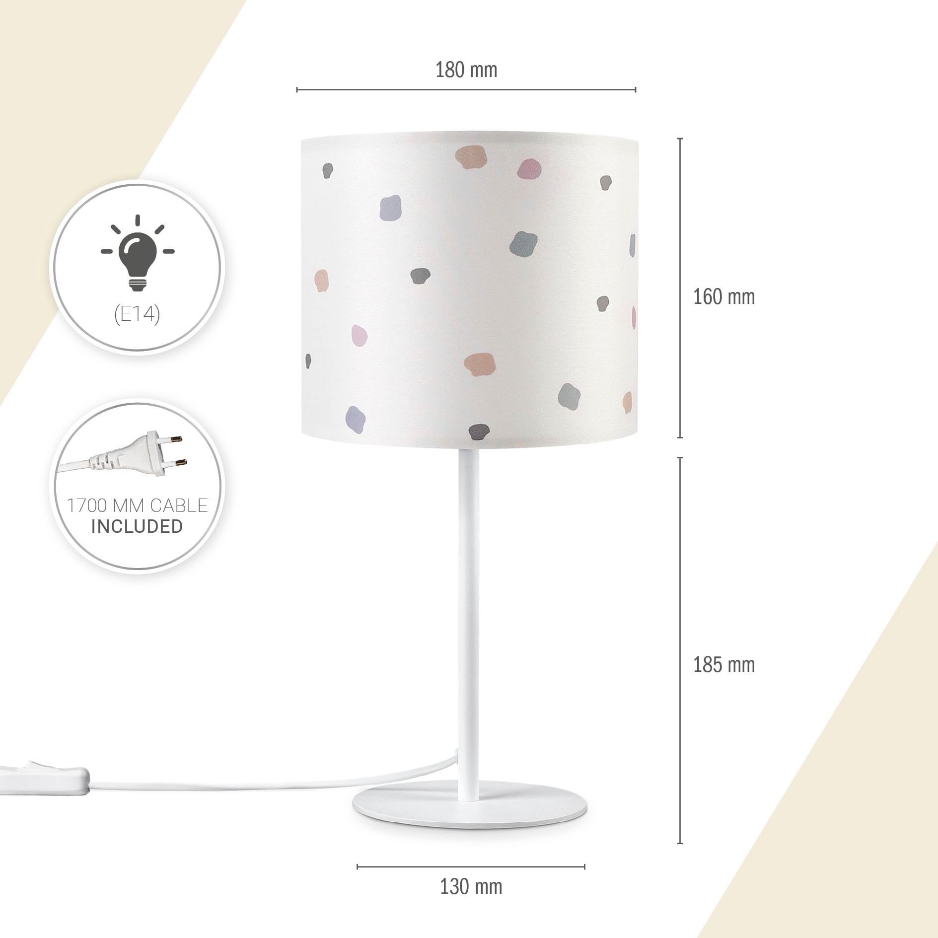 Nachttisch Tischleuchte 3 Textil Jahren mit | Punkte E14 Garantie Home Bunt Paco Dots«, kaufen XXL »Luca Retro Rund Lampenschirm Stoff online