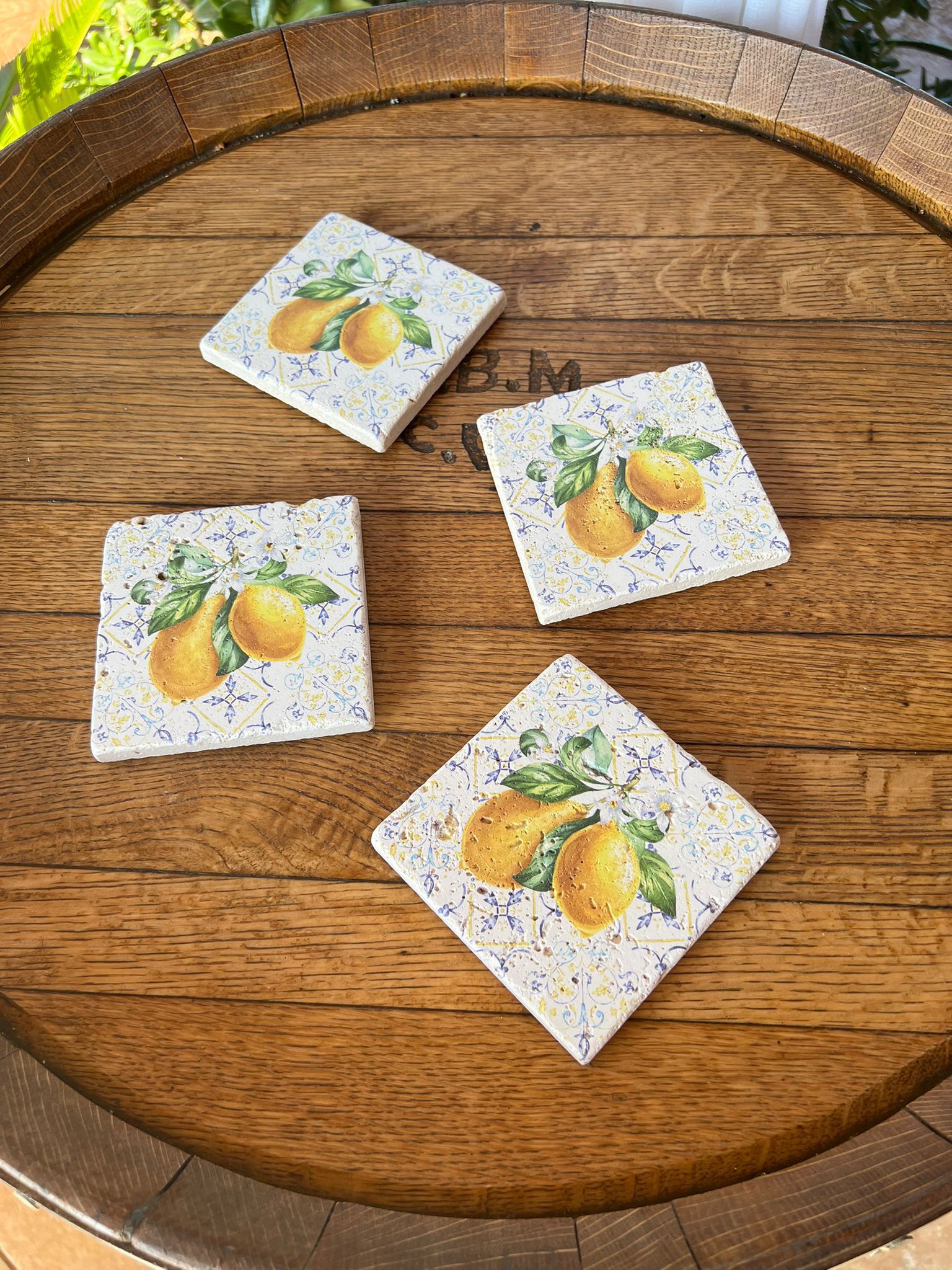 queence Getränkeuntersetzer »Zitronen Mosaik Motiv Fliesen Steine«, (Set, 4 tlg.), Zitronen Set Topfuntersetzer Naturstein Untersetzer 10x10x1cm