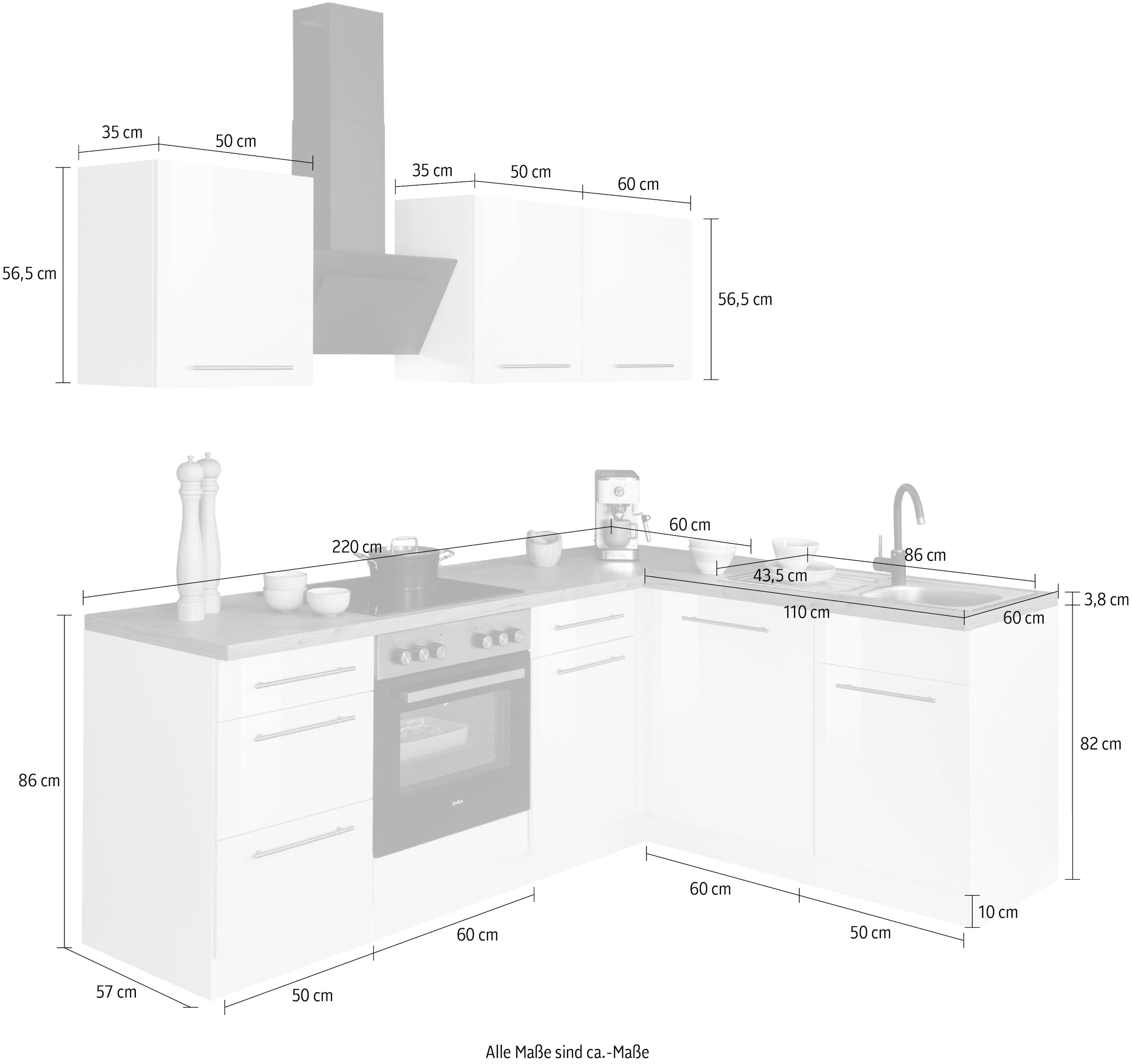 wiho Küchen Winkelküche »Unna«, ohne E-Geräte, Stellbreite 220 x 170 cm