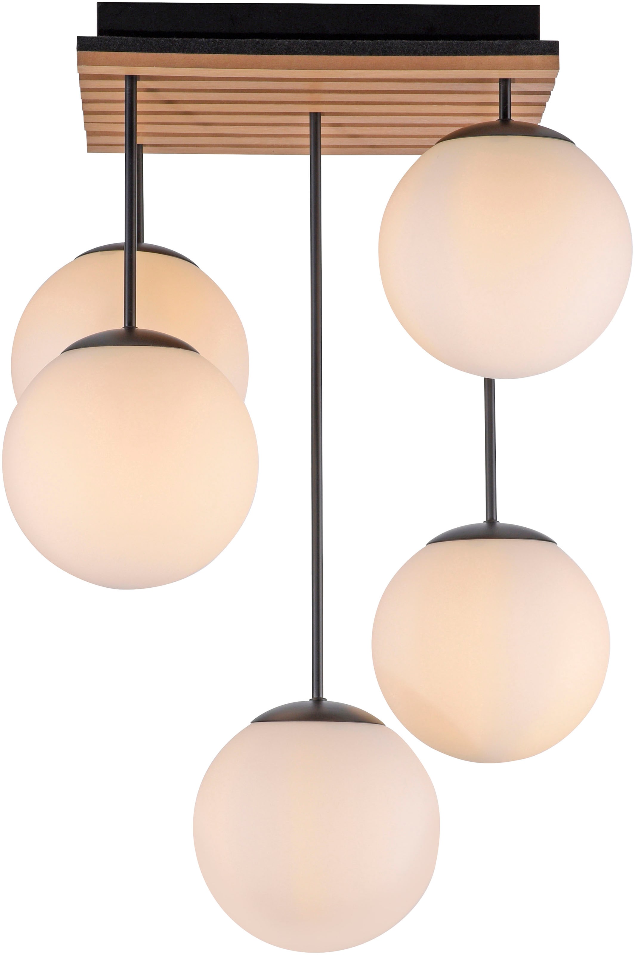 Leonique Deckenleuchte »Erinette Akustikpaneele mit Glaskugeln«, 5 flammig, Leuchtmittel E14 | ohne Leuchtmittel-Leuchtmittel wechselbar, Holz, Akustik, Paneele, Glas, Deckenlampe E14