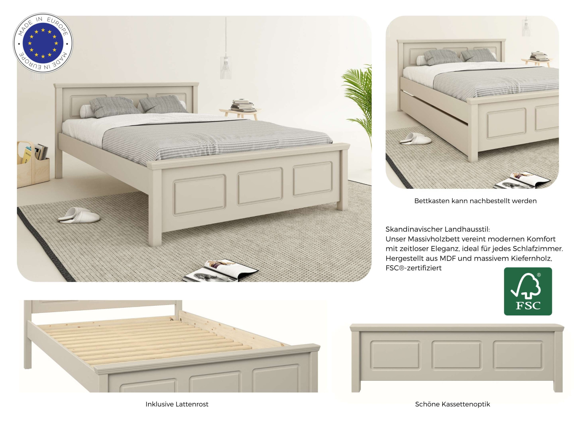 OTTO home Massivholzbett »ERIK' , Made in Europe, optional mit Schublade, Massivholz Kiefer« FSC® zertifiziert,  in mehreren Größen, Landhausstil mit Kassettenoptik