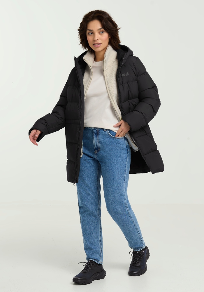 Jack Wolfskin Daunenmantel »FROZEN PALACE LONG JKT W RDS« mit Kapuze, wärmeisolierende Daunenfüllung, winddicht