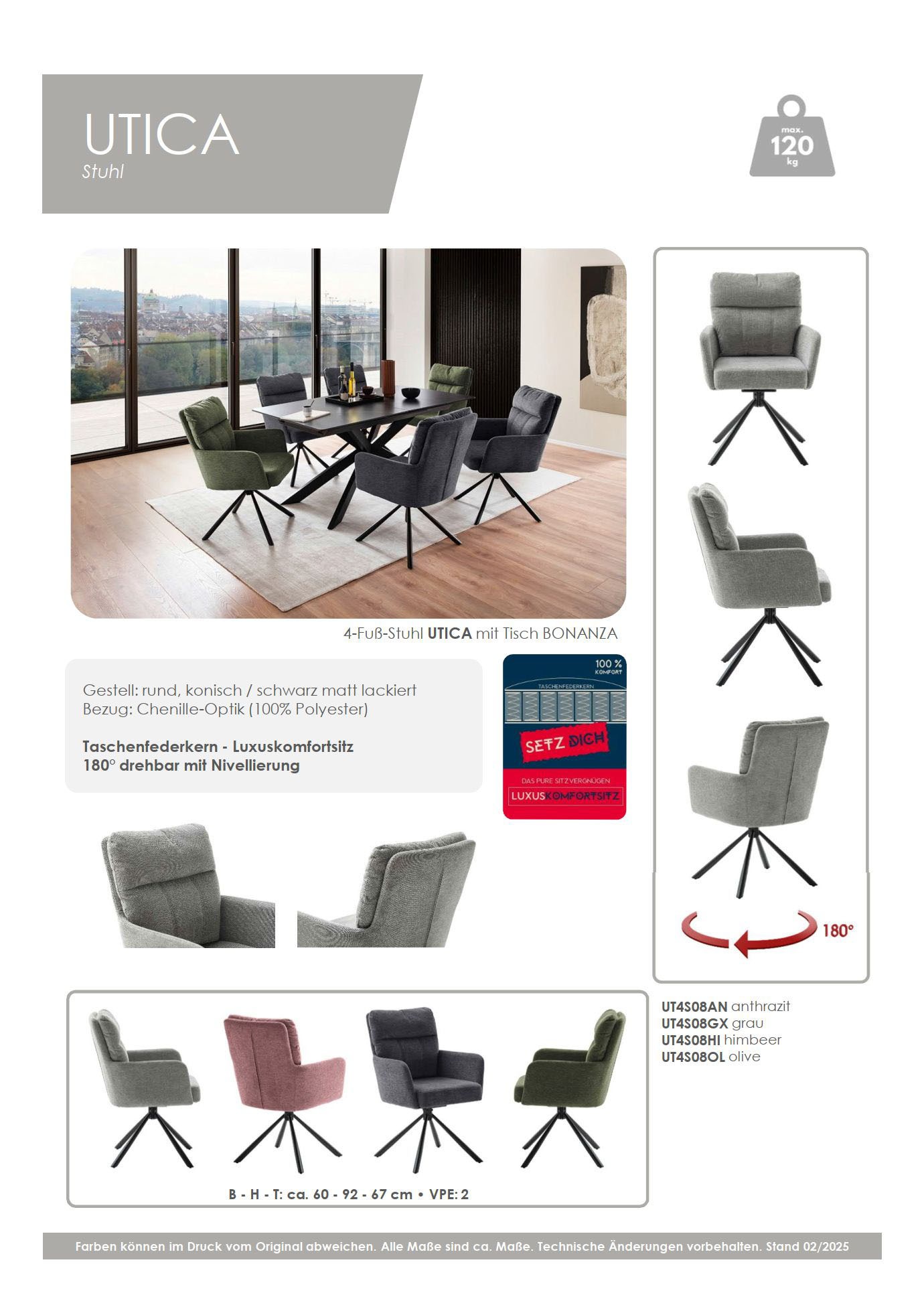 MCA furniture Esszimmerstuhl »UTICA«, Chenilleoptik, (2er-Set), drehbar 180°, Taschenfederkern, Sitzhöhe ca. 50 cm
