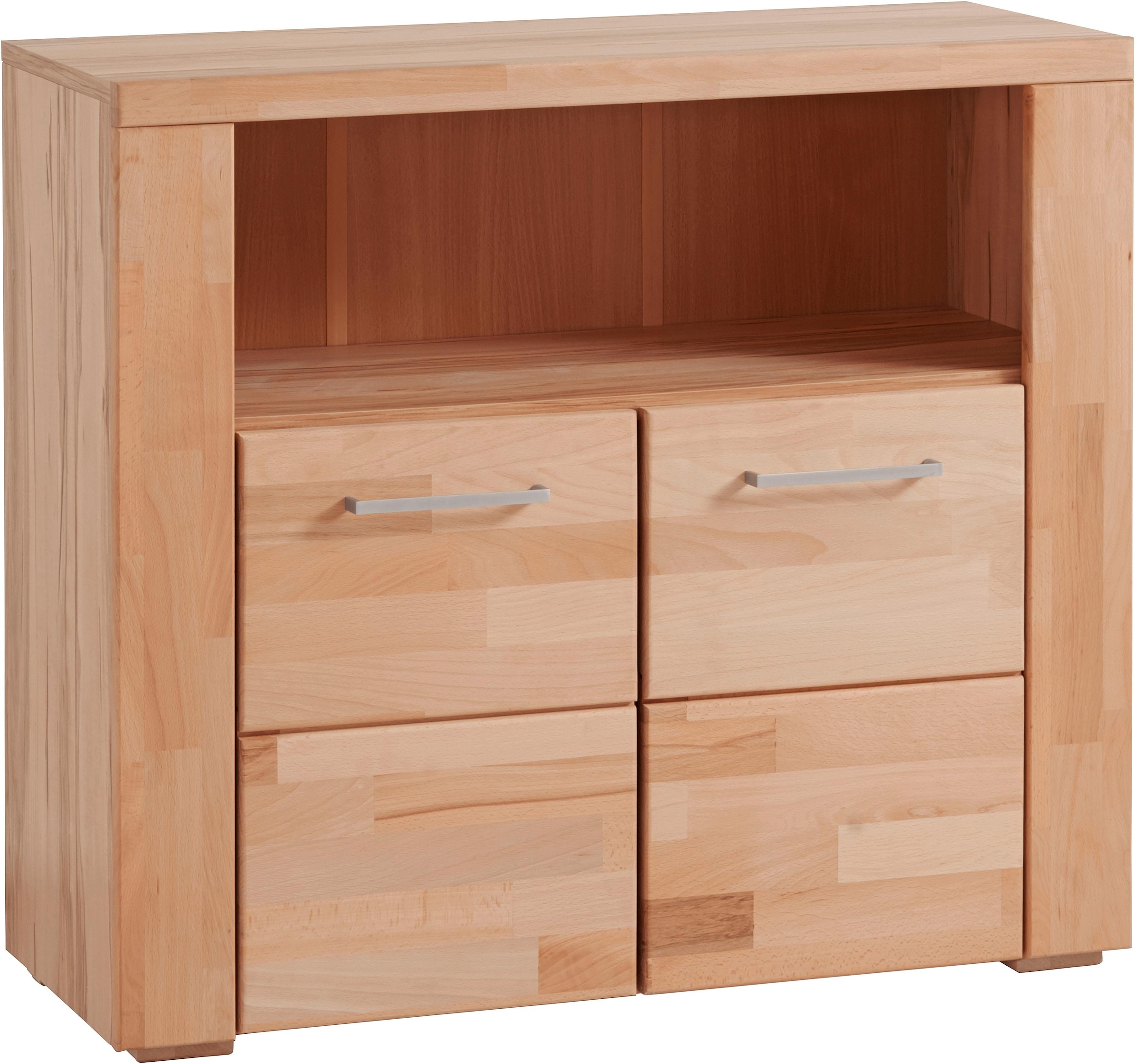 Home affaire Kommode »Celle,90cm breit,35 cm tief, Fronten Massivholz«, Holz massiv, Holzwerkstoff, Metall Griffe,3 breite Fächer