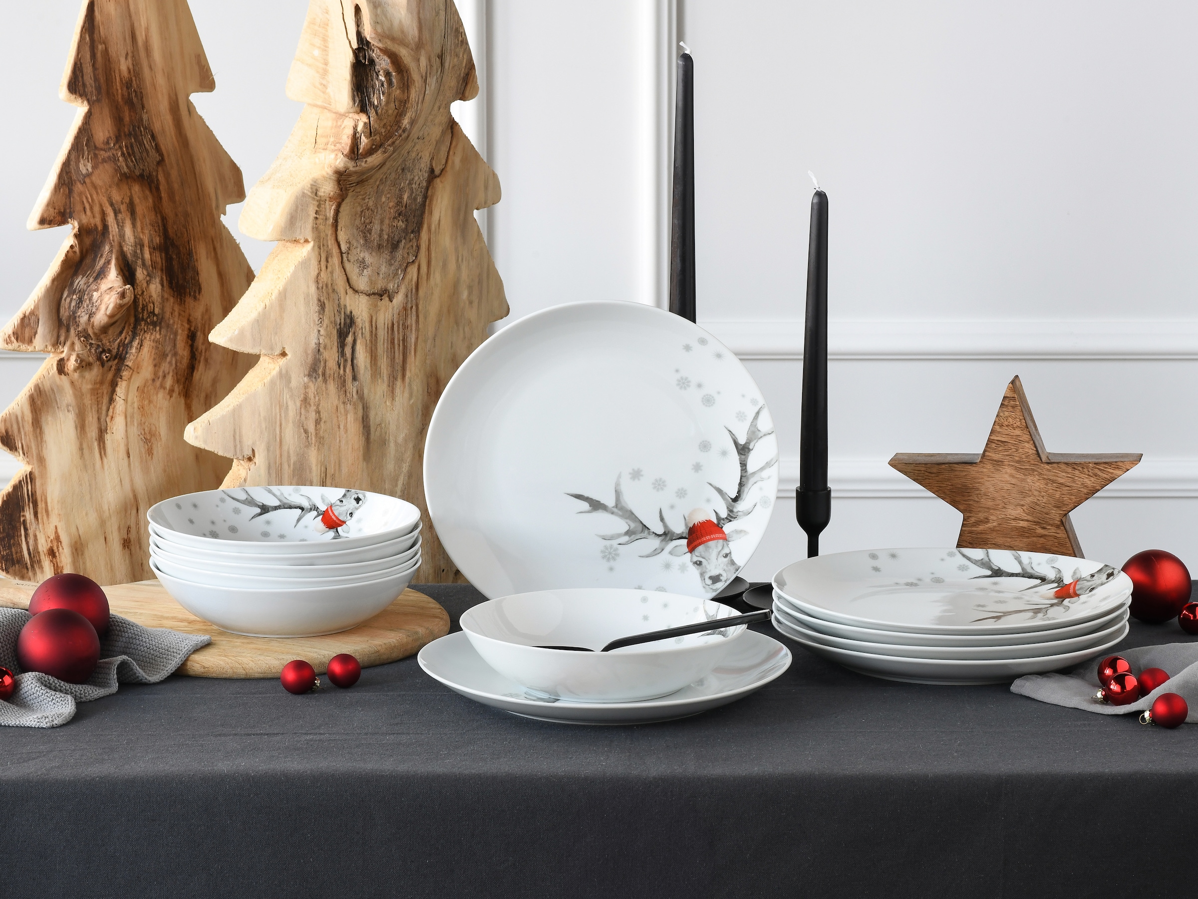 CreaTable Tafelservice »Luna Hirsch«, (Set, 12 tlg.), winterliches Hirsch-Motiv