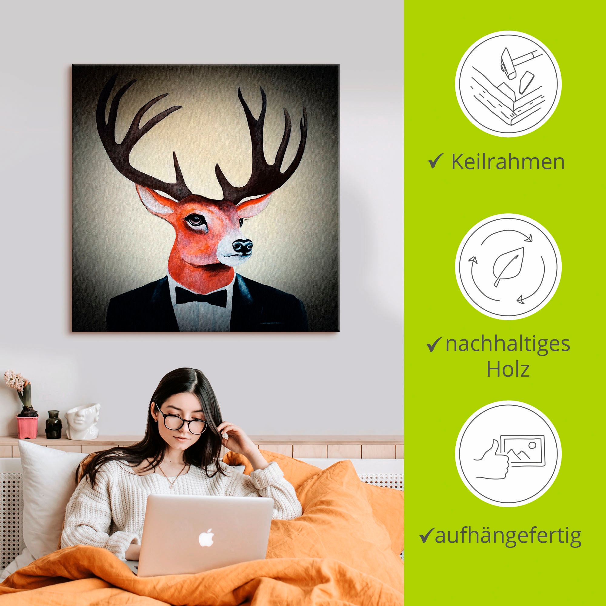Artland Leinwandbild »Undercover Hirsch«, Humor, (1 St.), auf Keilrahmen gespannt