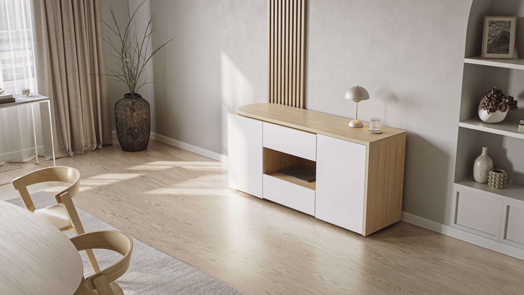 TemaHome Sekretär »ein Sideboard und Schreibtisch, ausziehbar, über Eck,«, mit 2 Schubladen, 1 Tür, offene Fächer, mit Kabeldurchführung