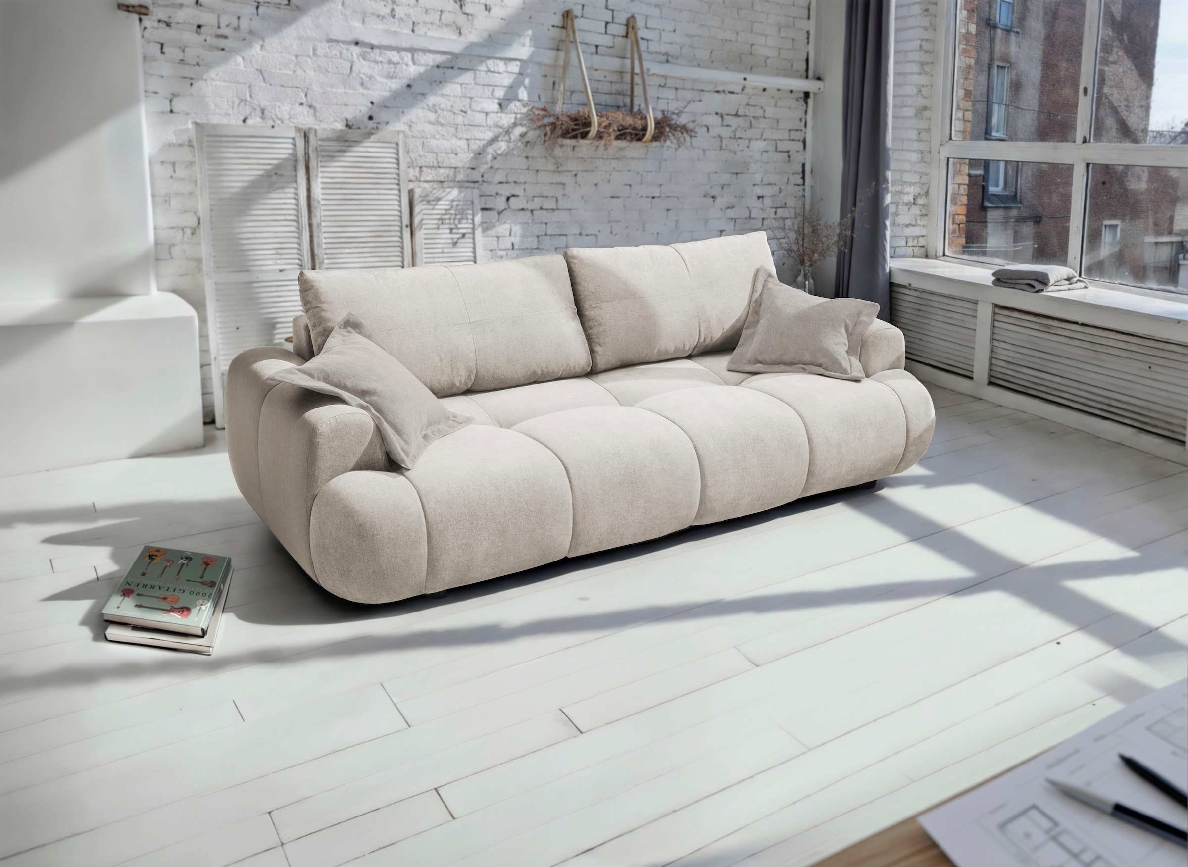 exxpo - sofa fashion 3-Sitzer »Alessano, 254 cm breit, modern & gemütlich« Verlässliche Qualität, inkl.Bettfunktion, Bettkasten, 2x Plaidskissen