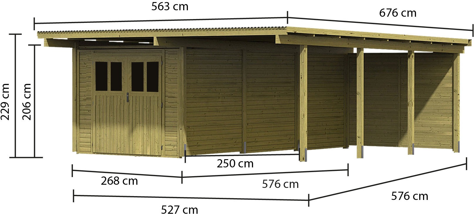 Karibu Doppelcarport »»ECO 2 SET« Variante B, AKTION kdi« Massivholz 509 cm KDI mit integriertem Abstellraum groß, 1 Rückwand