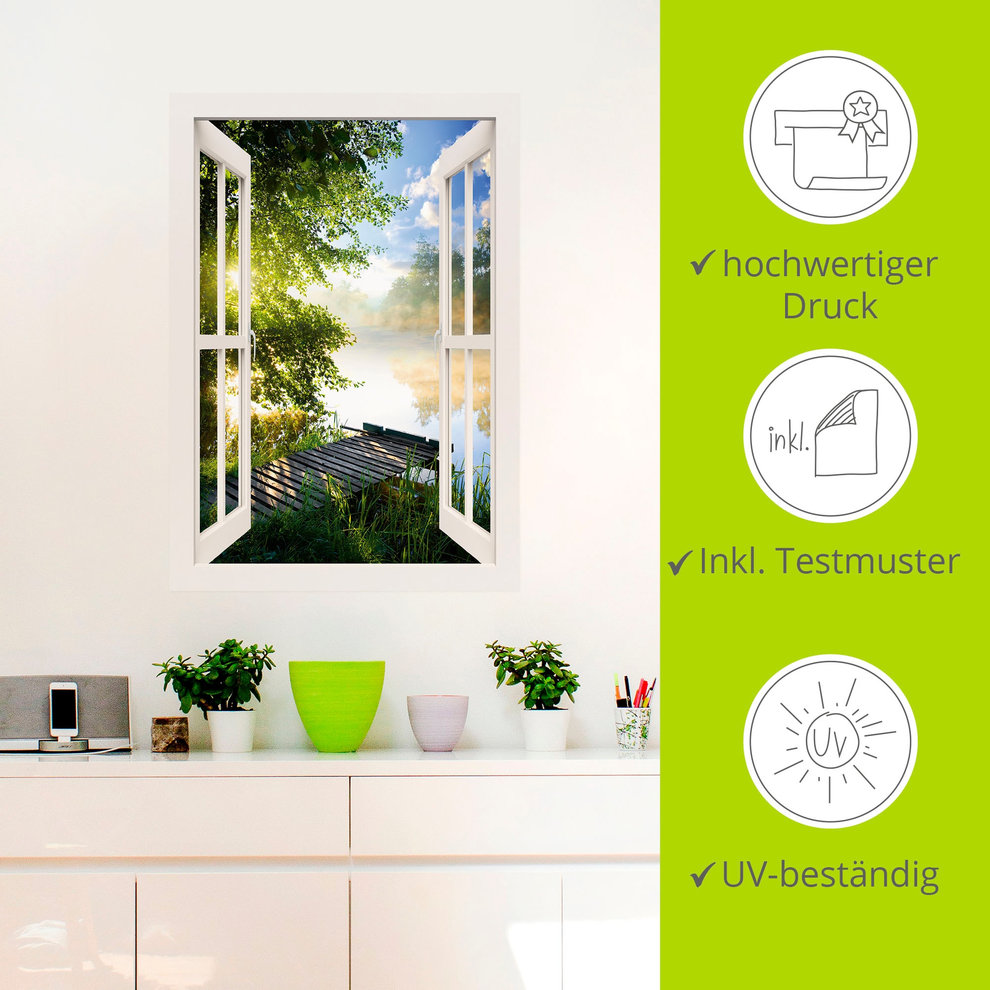 Artland Wandbild »Fensterblick Angelsteg am Fluss«, Fensterblick, (1 St.), als Alubild, Outdoorbild, Leinwandbild, Poster, Wandaufkleber