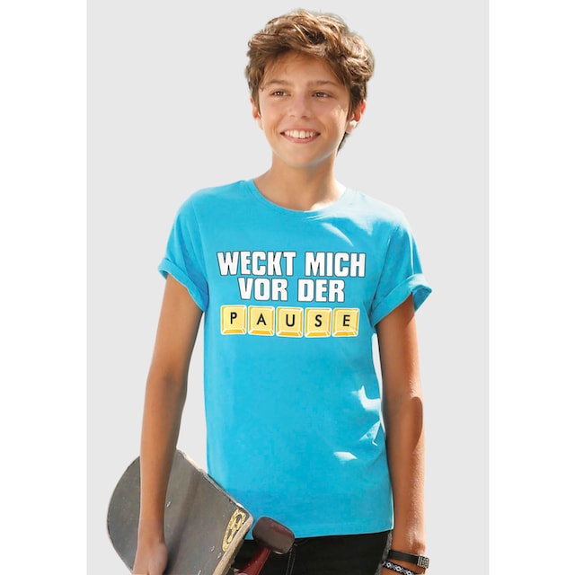 KIDSWORLD T-Shirt »WECK MICH VOR DER PAUSE«, Spruch bei