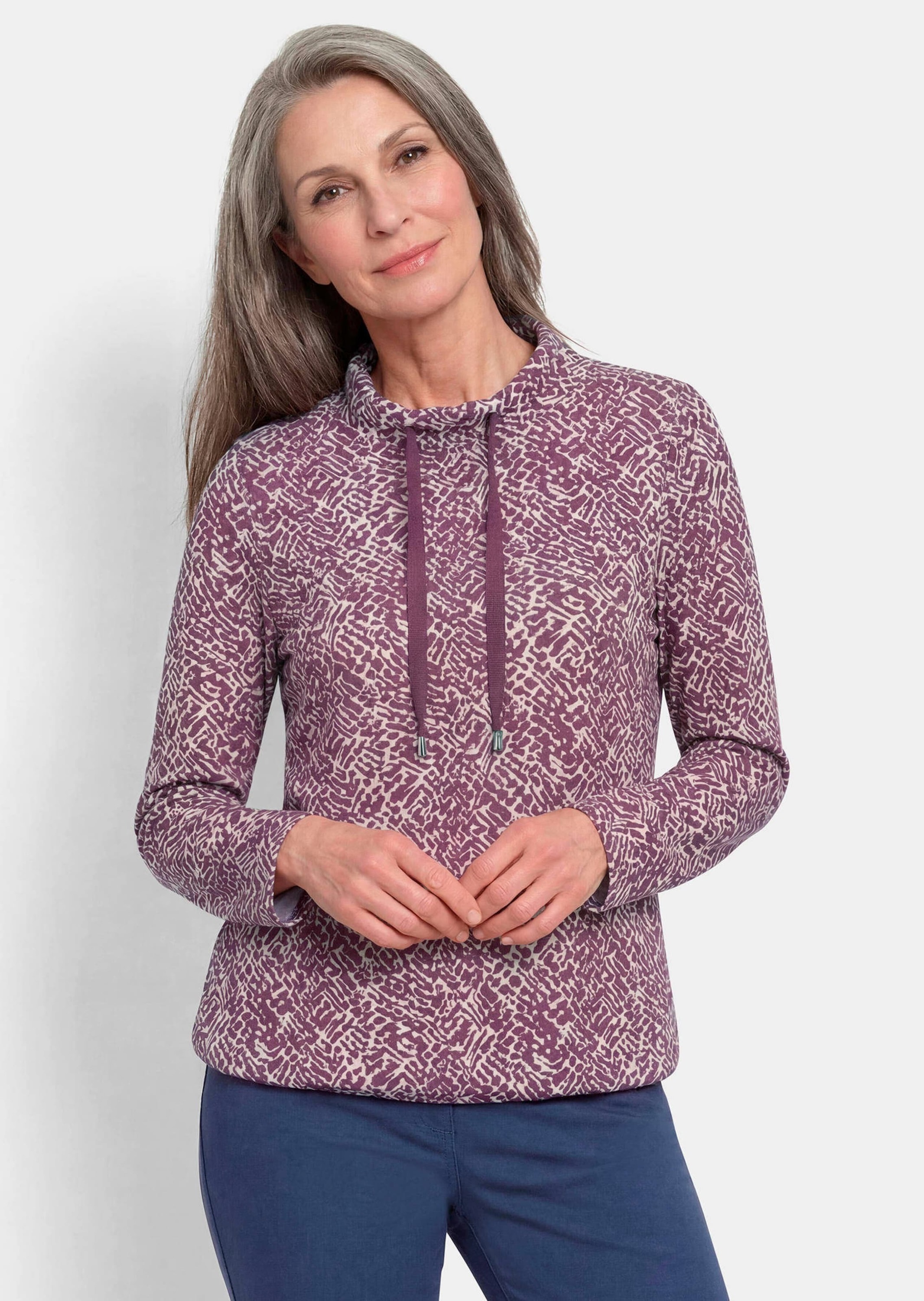GOLDNER Sweatshirt »Kurzgröße Sweater mit grafischem Druck«, Tunnelzug im Stehbund mit Kordelstoppern

