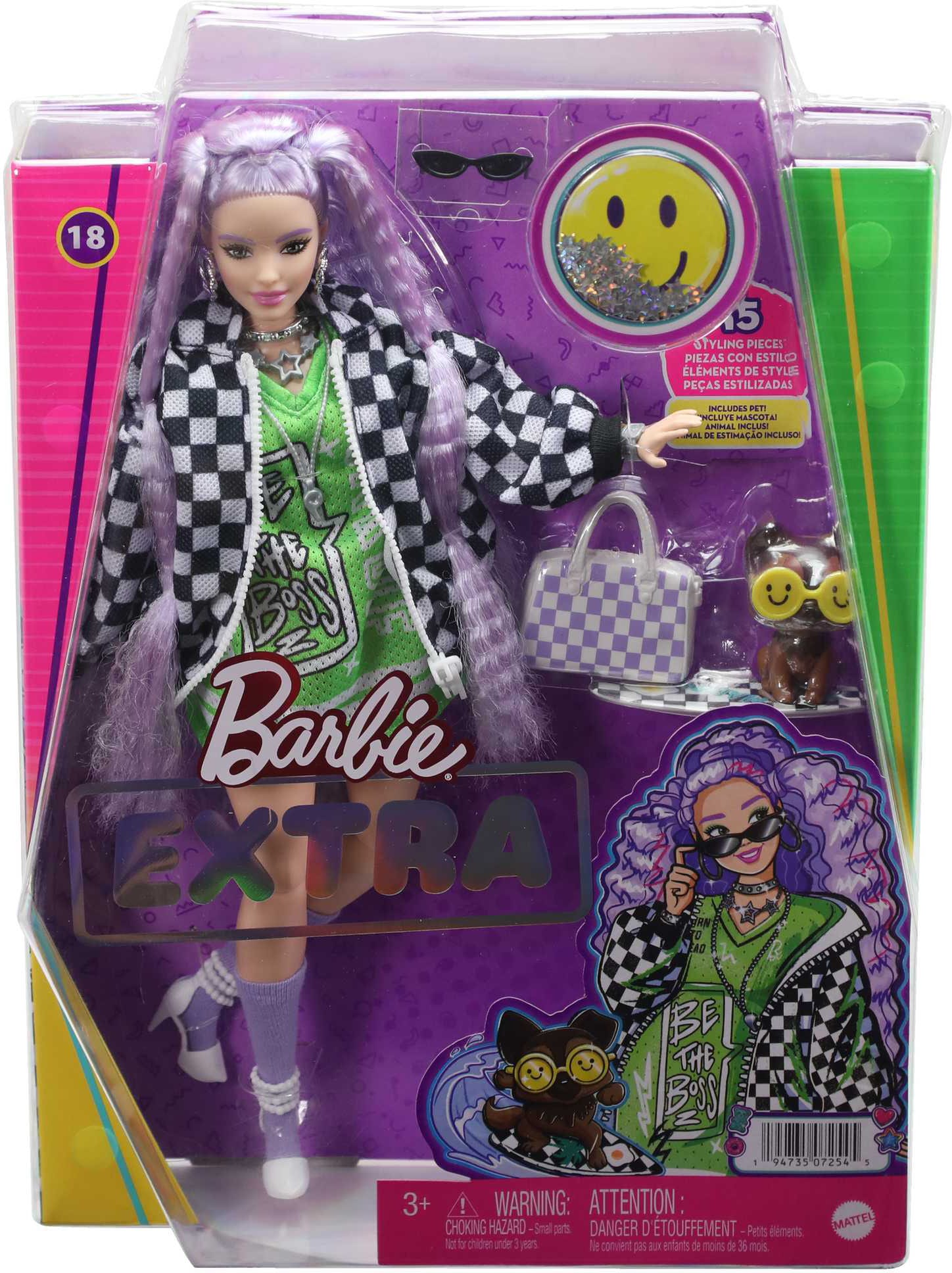 Barbie Anziehpuppe »Extra«, (Pastellviolett Haare) mit schwarz-weißer Jacke, Hund & Zubehör