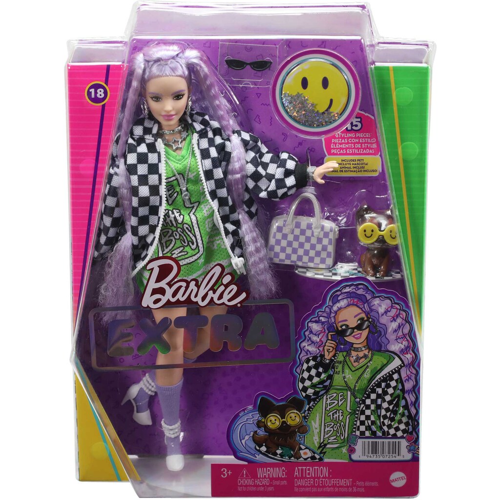Barbie Anziehpuppe »Extra«, (Pastellviolett Haare) mit schwarz-weißer Jacke, Hund & Zubehör
