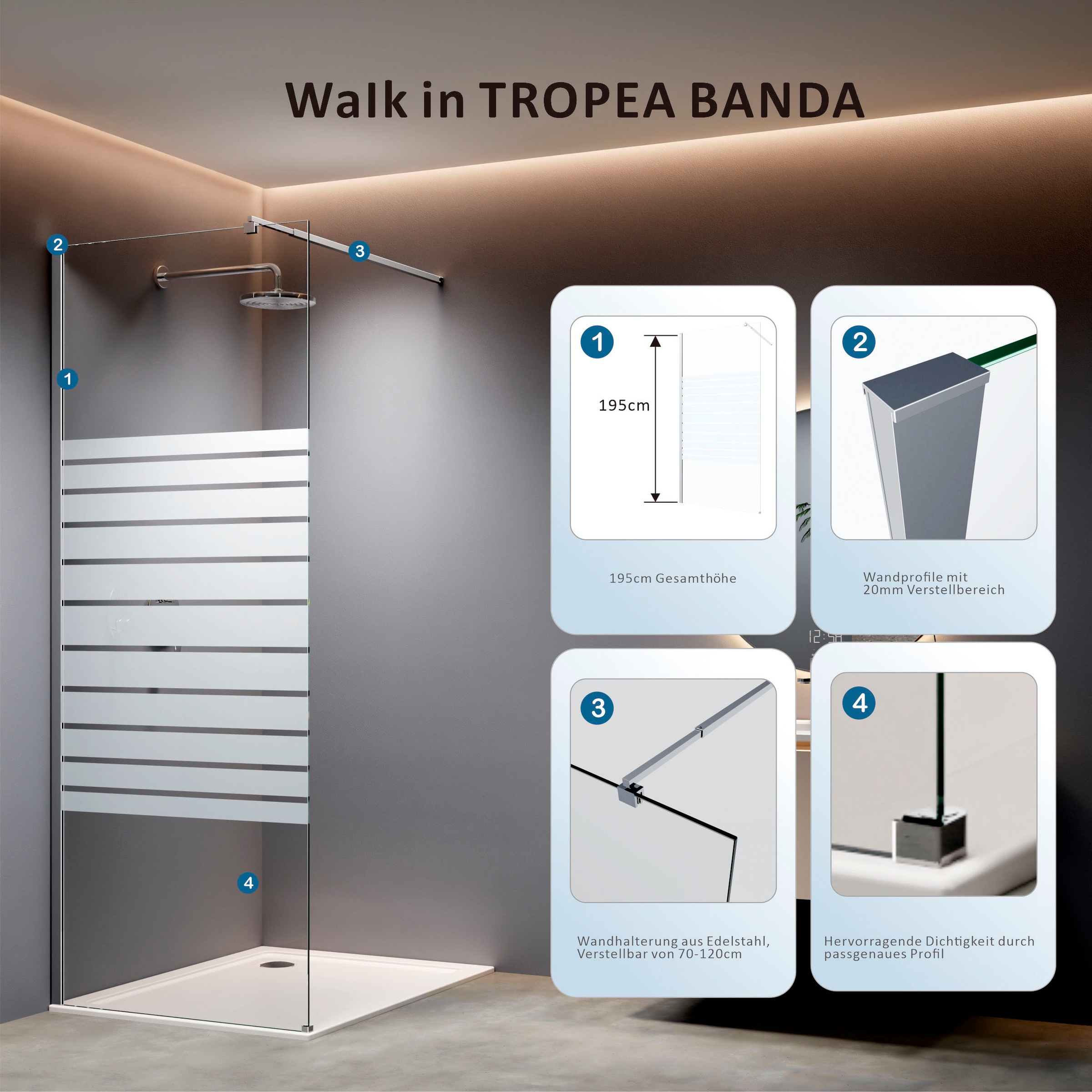 welltime Walk-in-Dusche »Nassau Single« 8mm Starke Scheibe mit Streifendekor