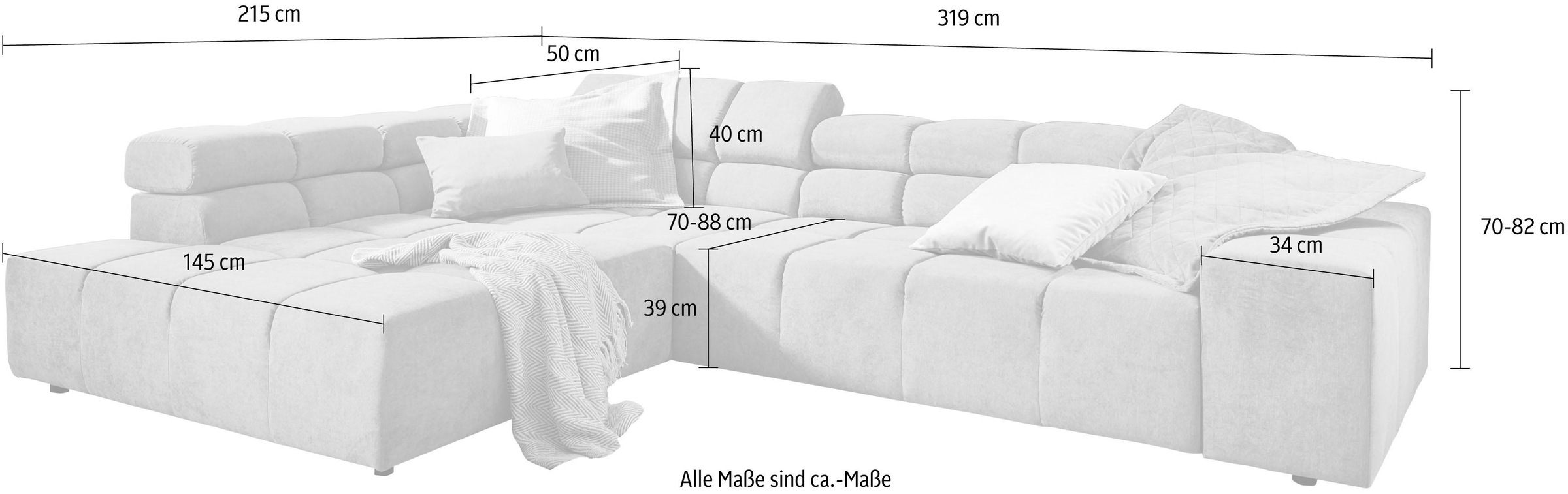 INOSIGN Ecksofa »Ancona incl. Kopfteilverstellung, Breite 319cm, L-Form«, wahlweise motorische Sitztiefenverstellung, auch in Cord + Easy Care