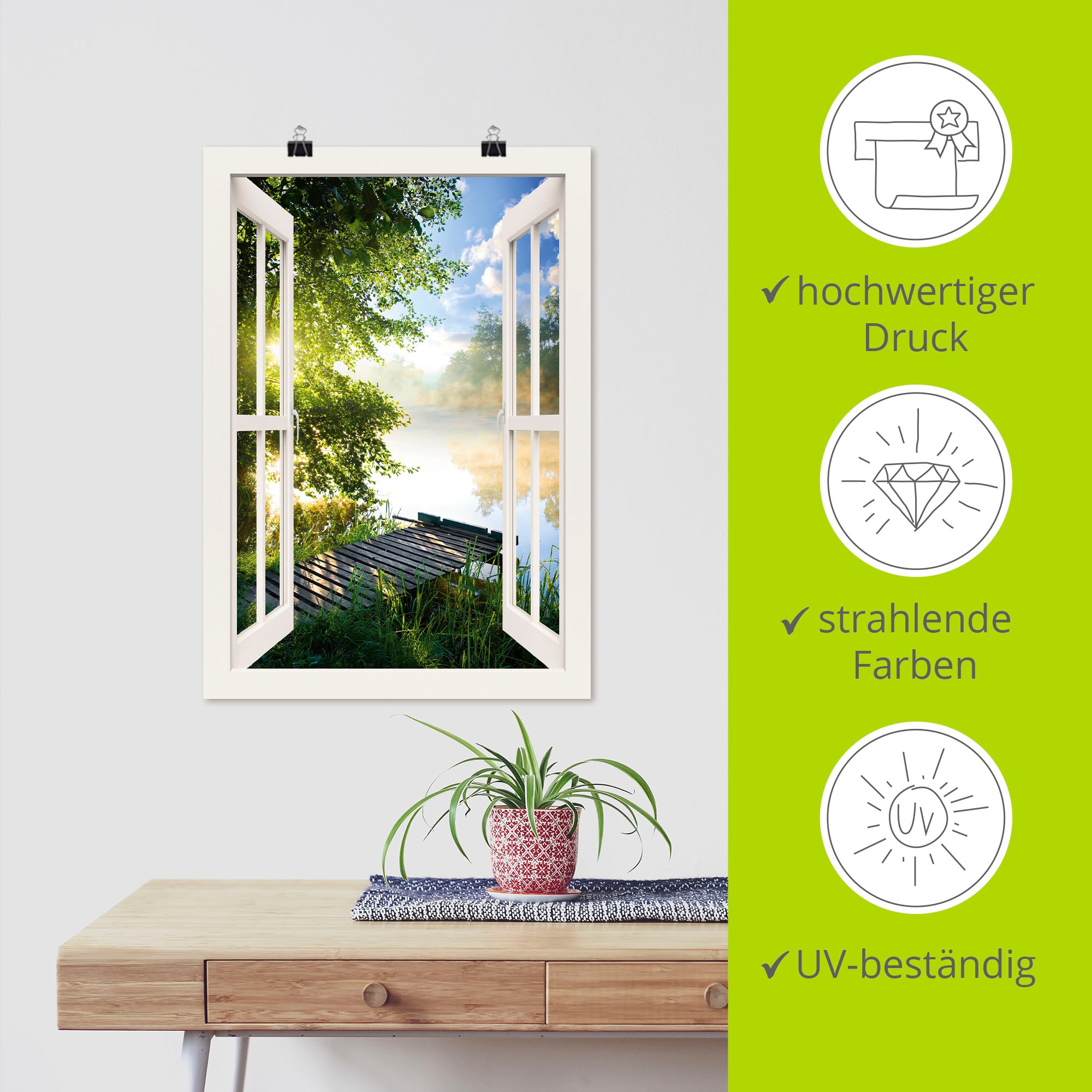 Artland Wandbild »Fensterblick Angelsteg am Fluss«, Fensterblick, (1 St.), als Alubild, Outdoorbild, Leinwandbild, Poster, Wandaufkleber