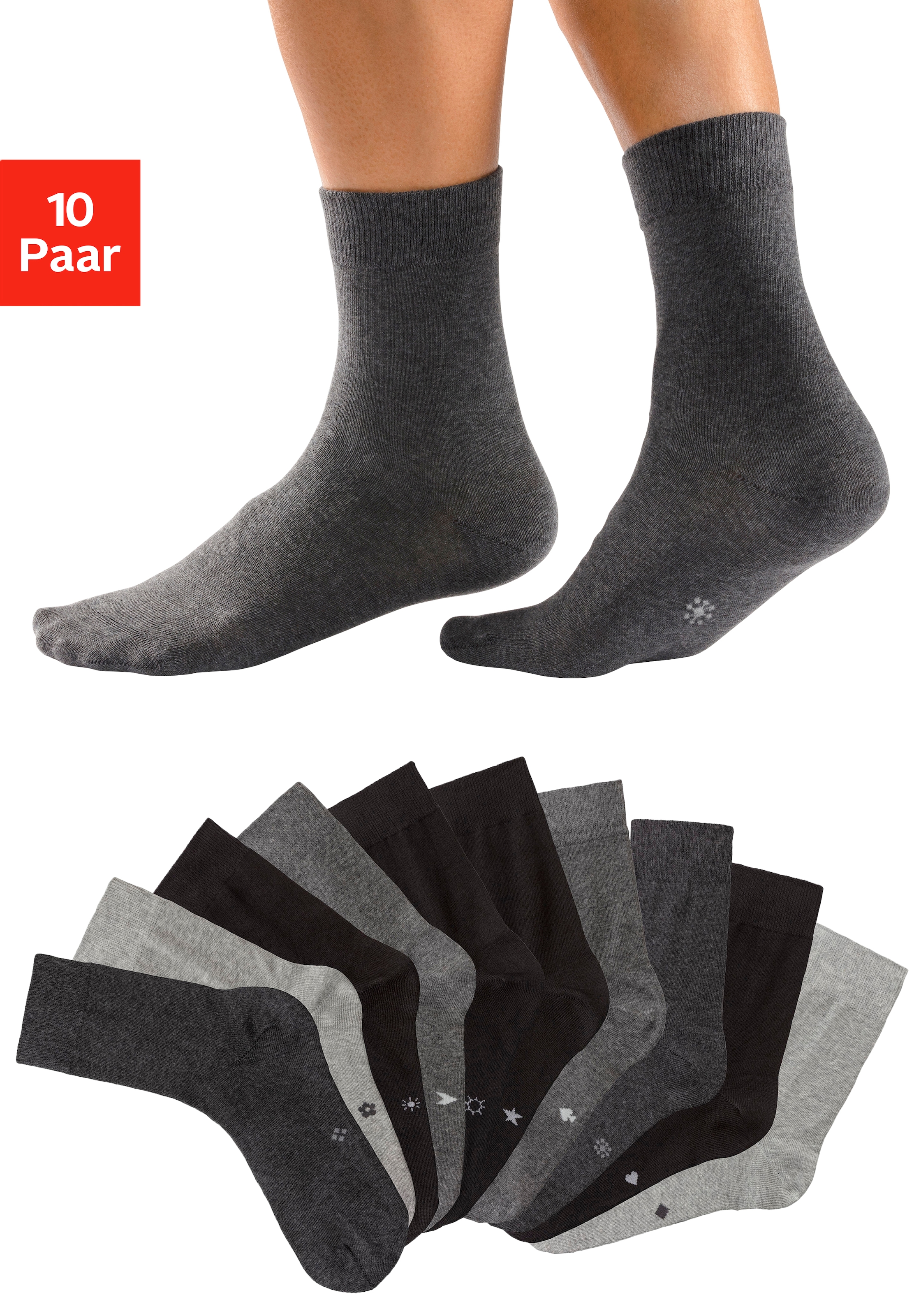 Basicsocken, (Packung, 10 Paar), mit eingestrickten Symbolen