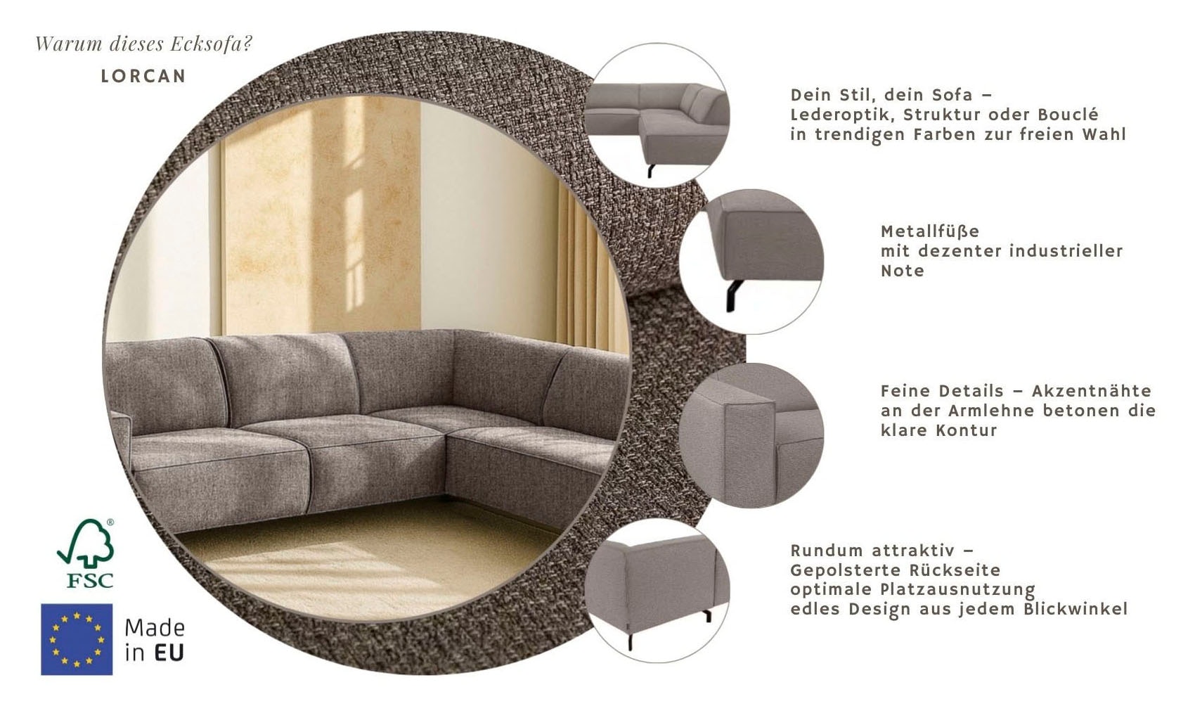 Home affaire Ecksofa »LORCAN mit Metallfüßen, Breite 275 cm, weiches Sitzgefühl« Metallfüße, Lederoptik, Struktur, Bouclé