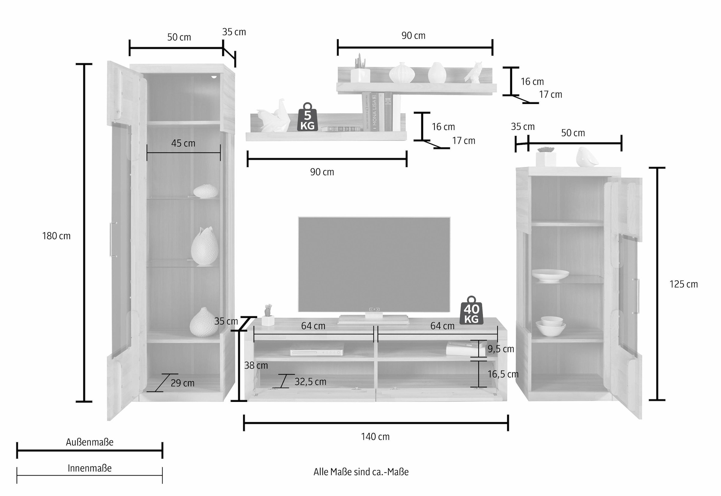 Home affaire Wohnwand »Ribe Wohnwand Set-5 St.« Set, 5 Stk. tlg. Glaseinsatz aus gehärtetem Glas,Böden teilweise versetzbar