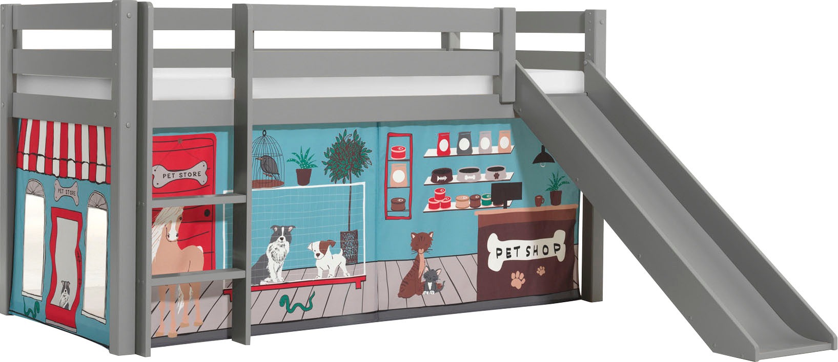Vipack Spielbett »Vipack Pino«, (Made in Europe), Hochbett mit Textil-Set, inkl. Rolllattenrost, Leiter und Rutsche