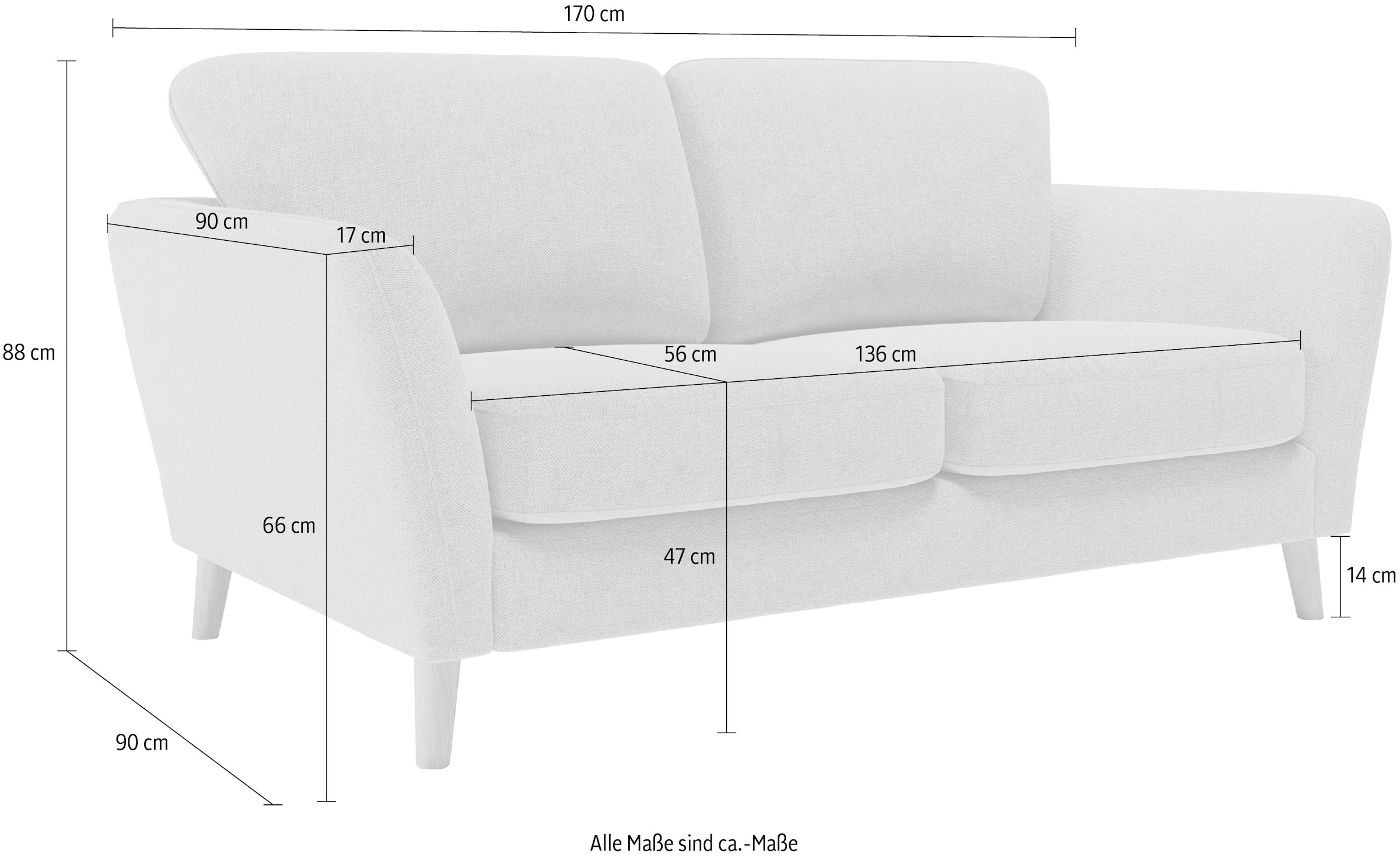 Home affaire 2-Sitzer »MARSEILLE Sofa 170 cm«, mit Massivholzbeinen aus Eiche, verschiedene Bezüge und Farbvarianten